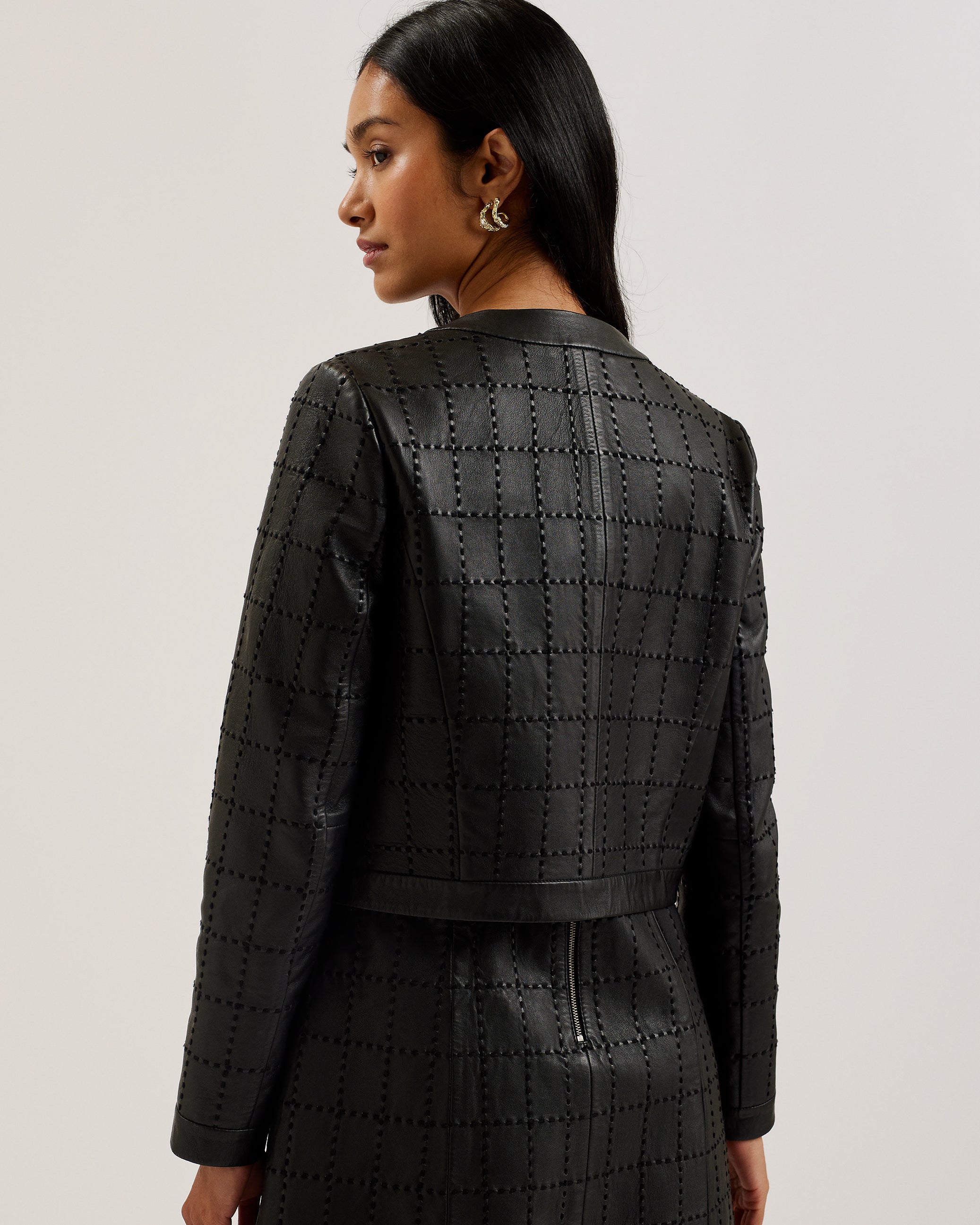 Mitsu Checked Stitch Leather Cropped Jacket Black