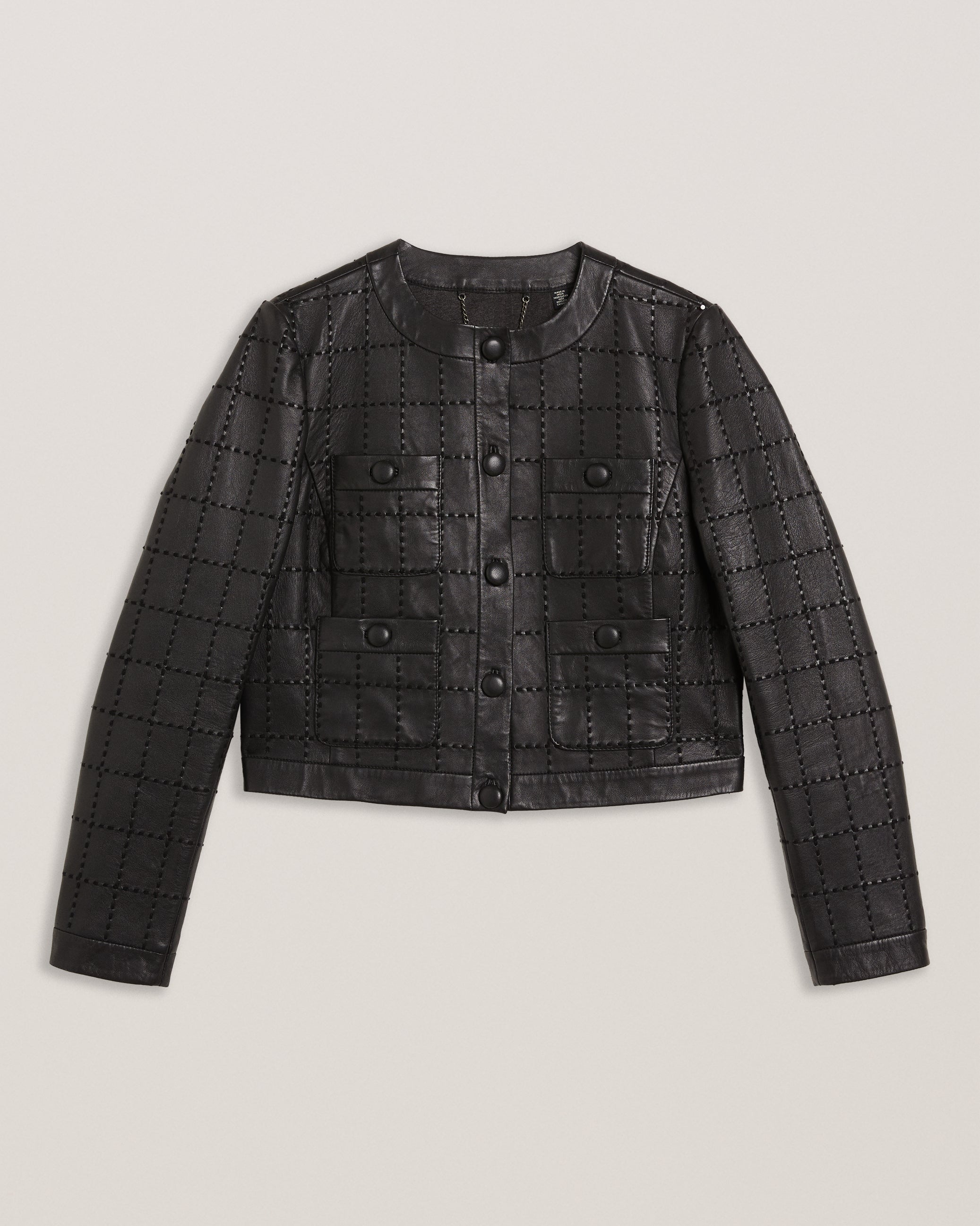 Mitsu Checked Stitch Leather Cropped Jacket Black