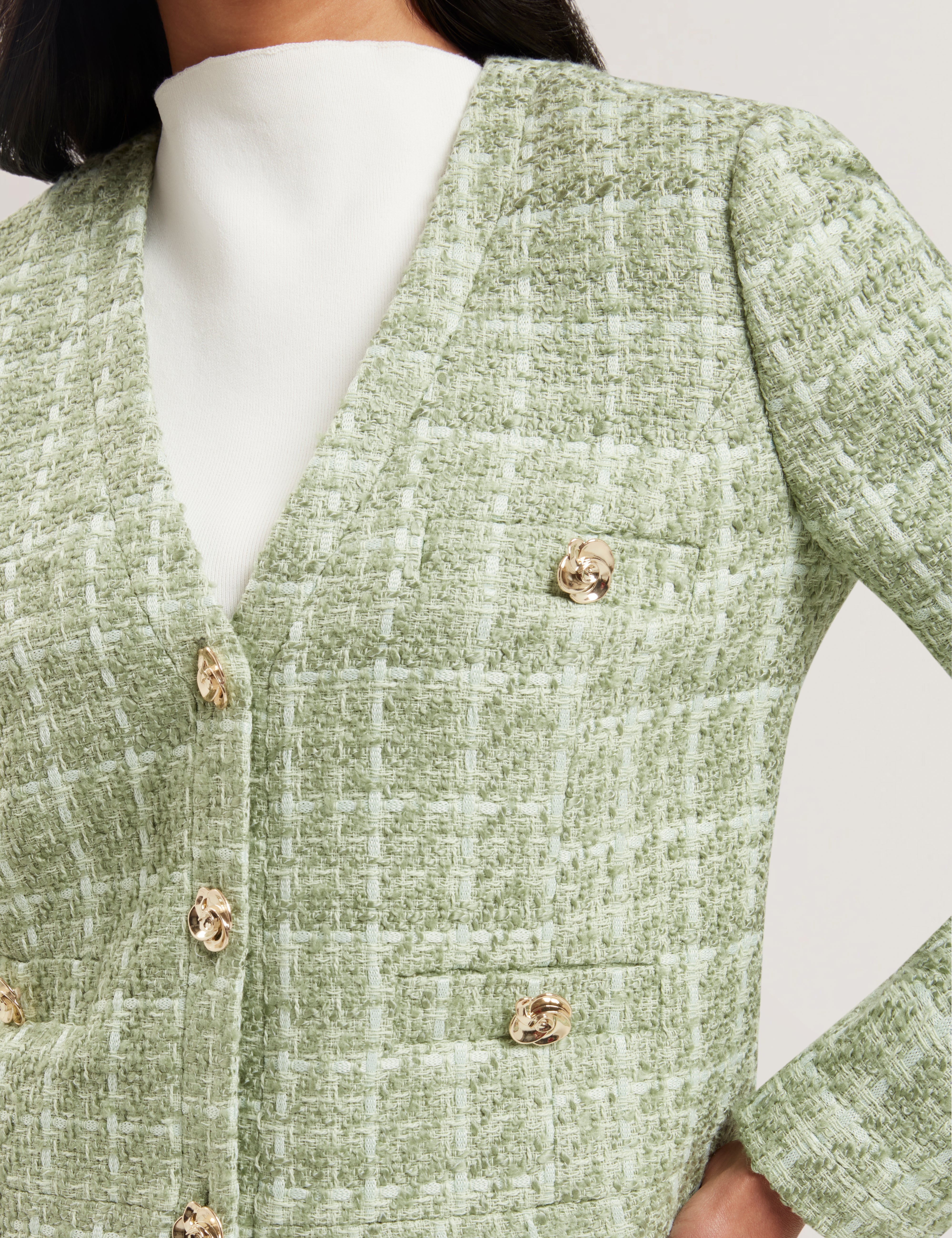Koma Rose Button Cropped Boucle Tailored Jack Lt-Green