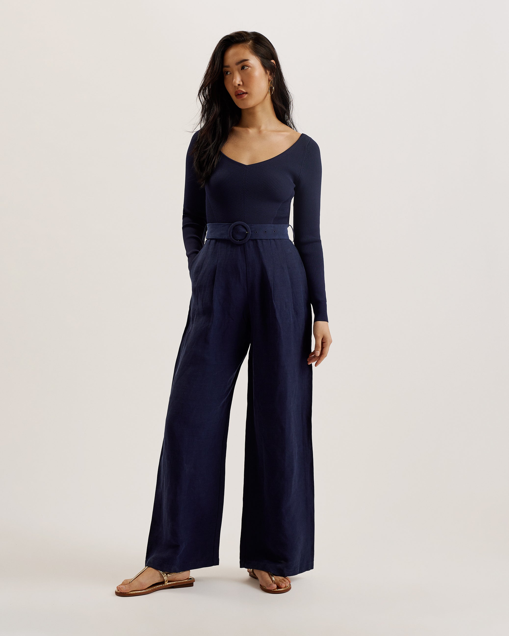 Agatea Off The Shoulder Wide Leg Jumpsuit Navy
