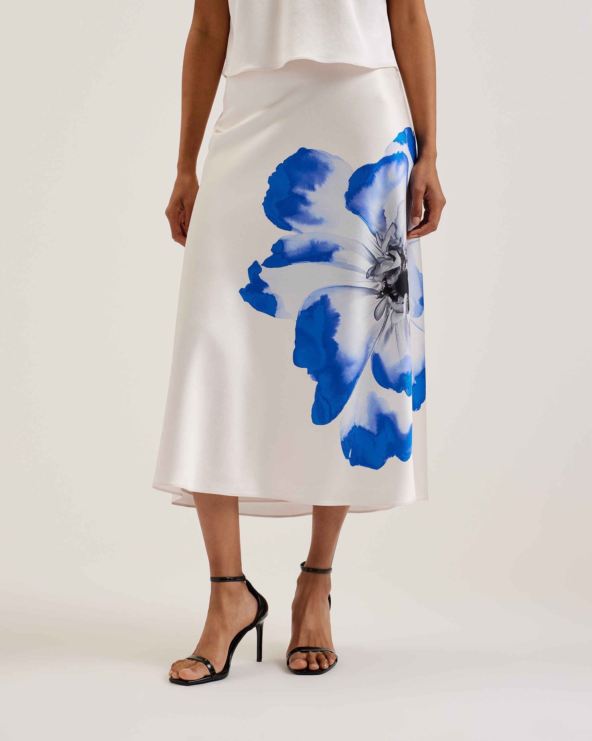 Leelia Printed Midi Bias Cut Skirt Ivory