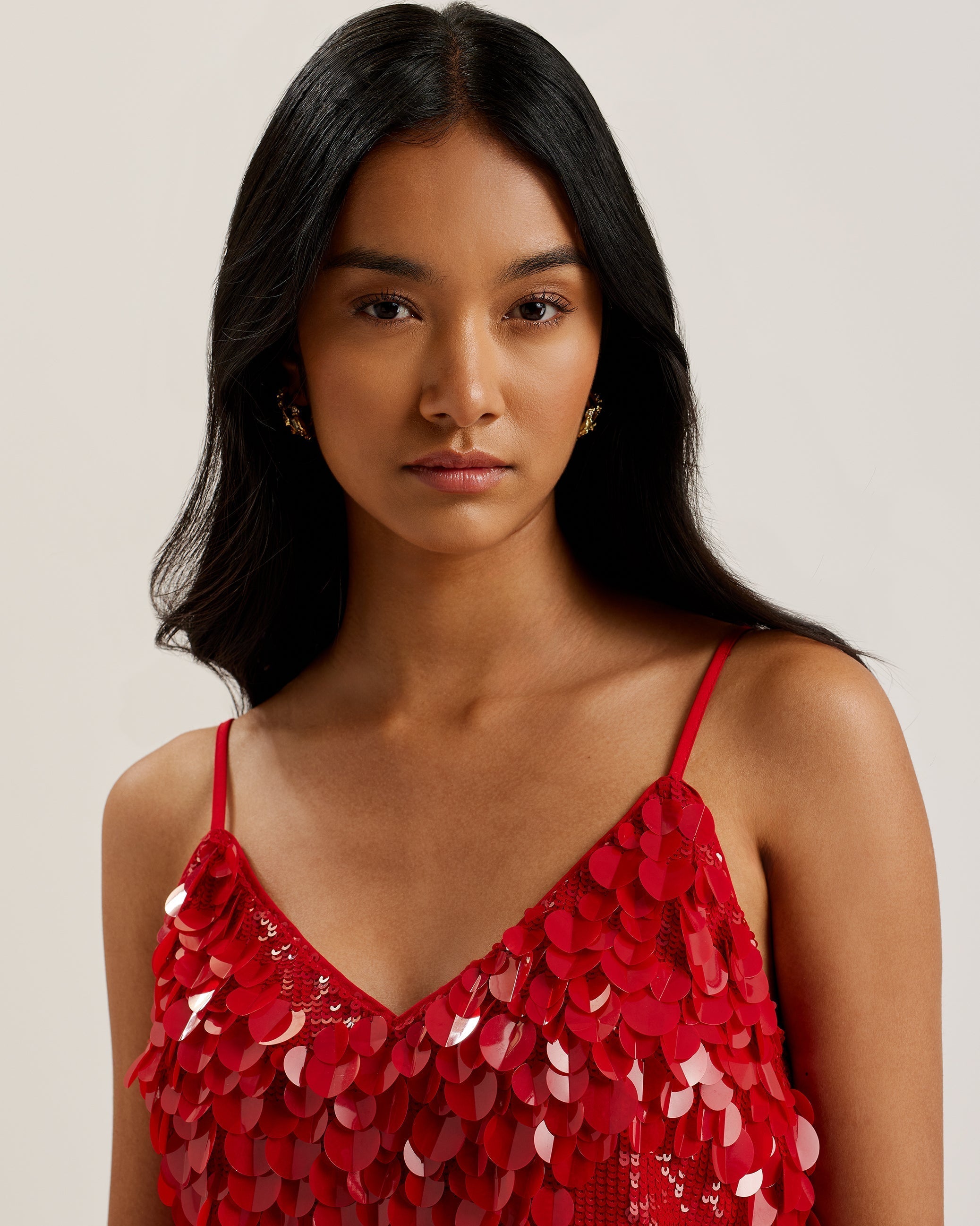 Jalenda Mixed Sequin Cropped Cami Top Red