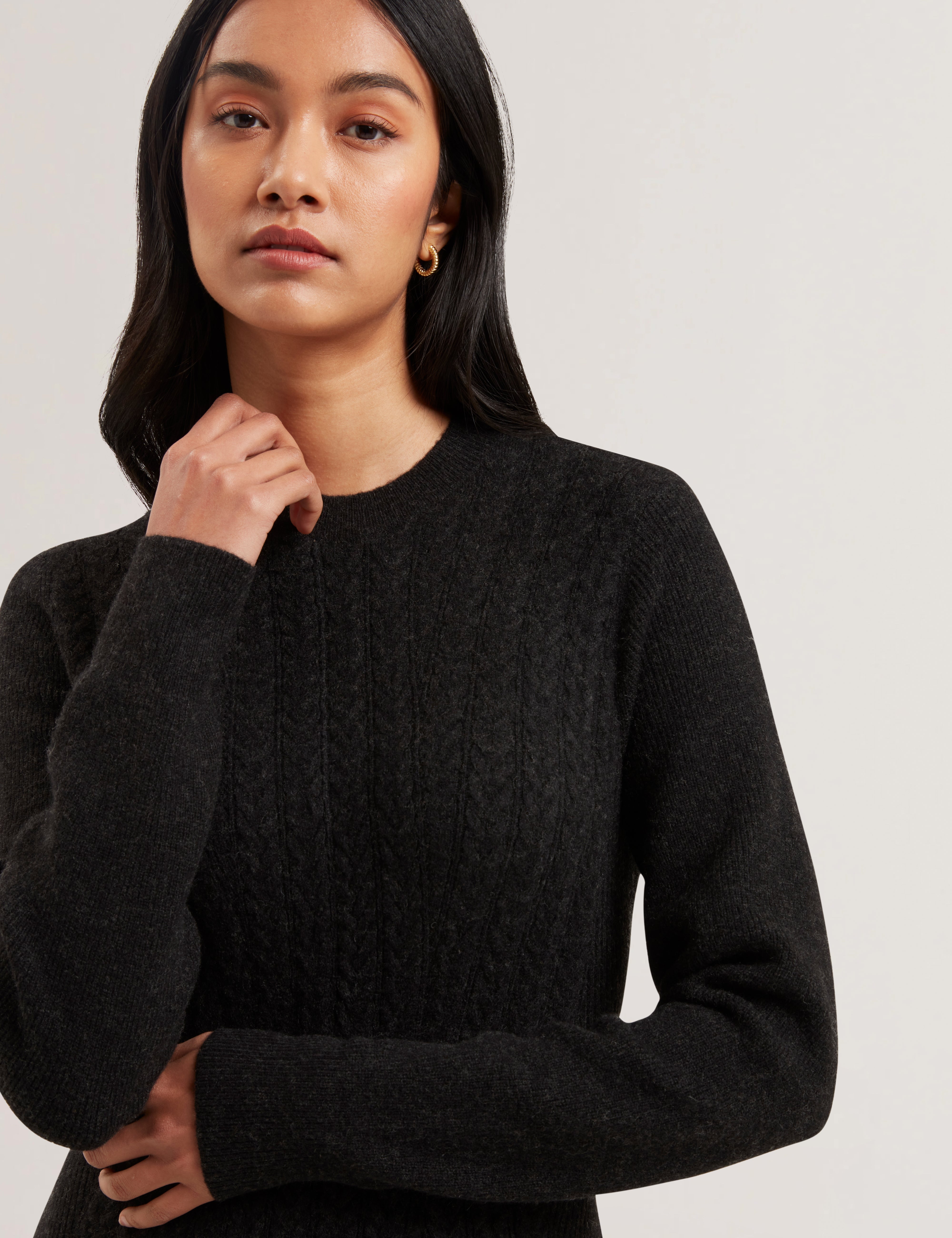 Vanesha Cable Knit Long Sleeve Midi Dress Dk-Grey