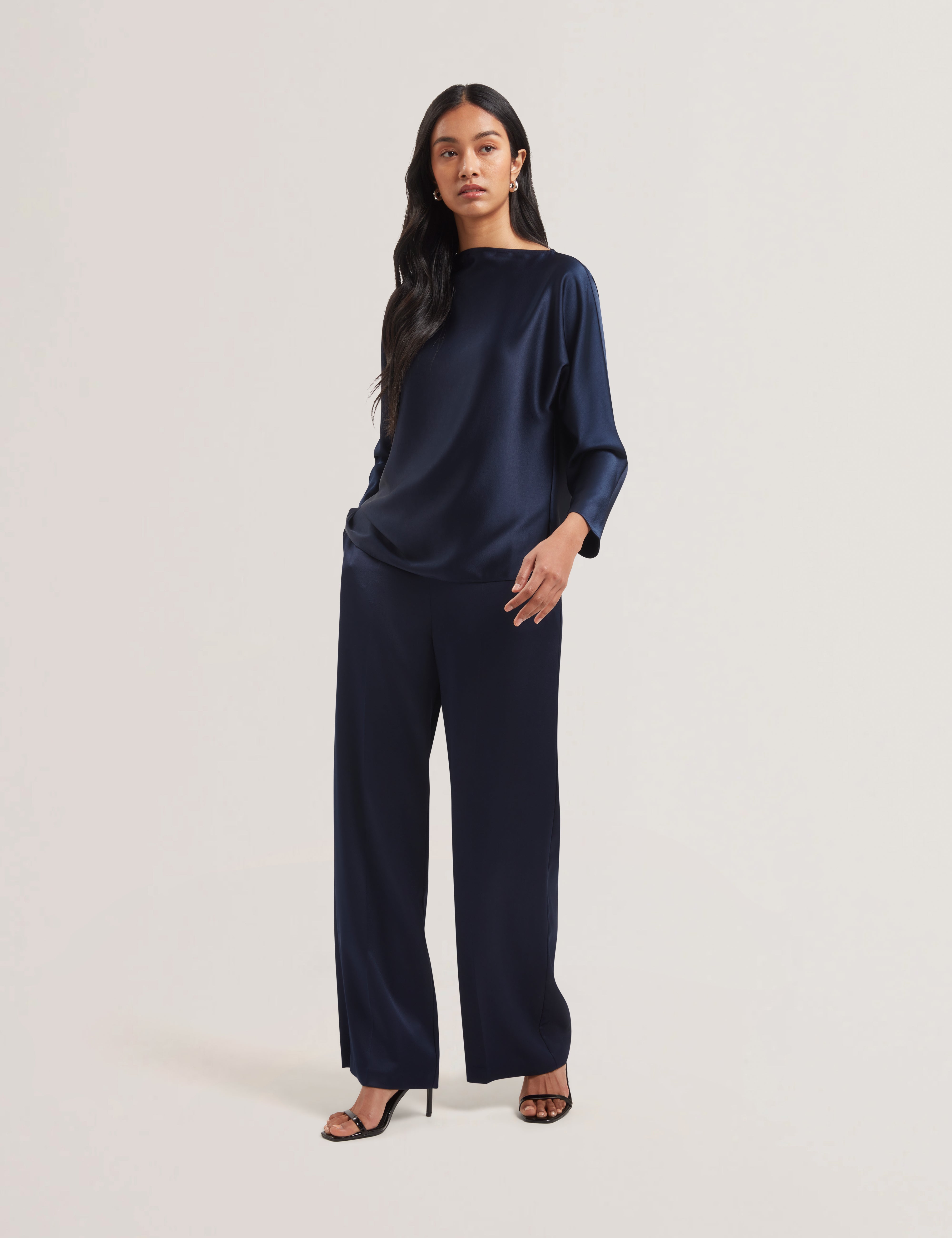 Vouga Slash Neck Satin Top Navy