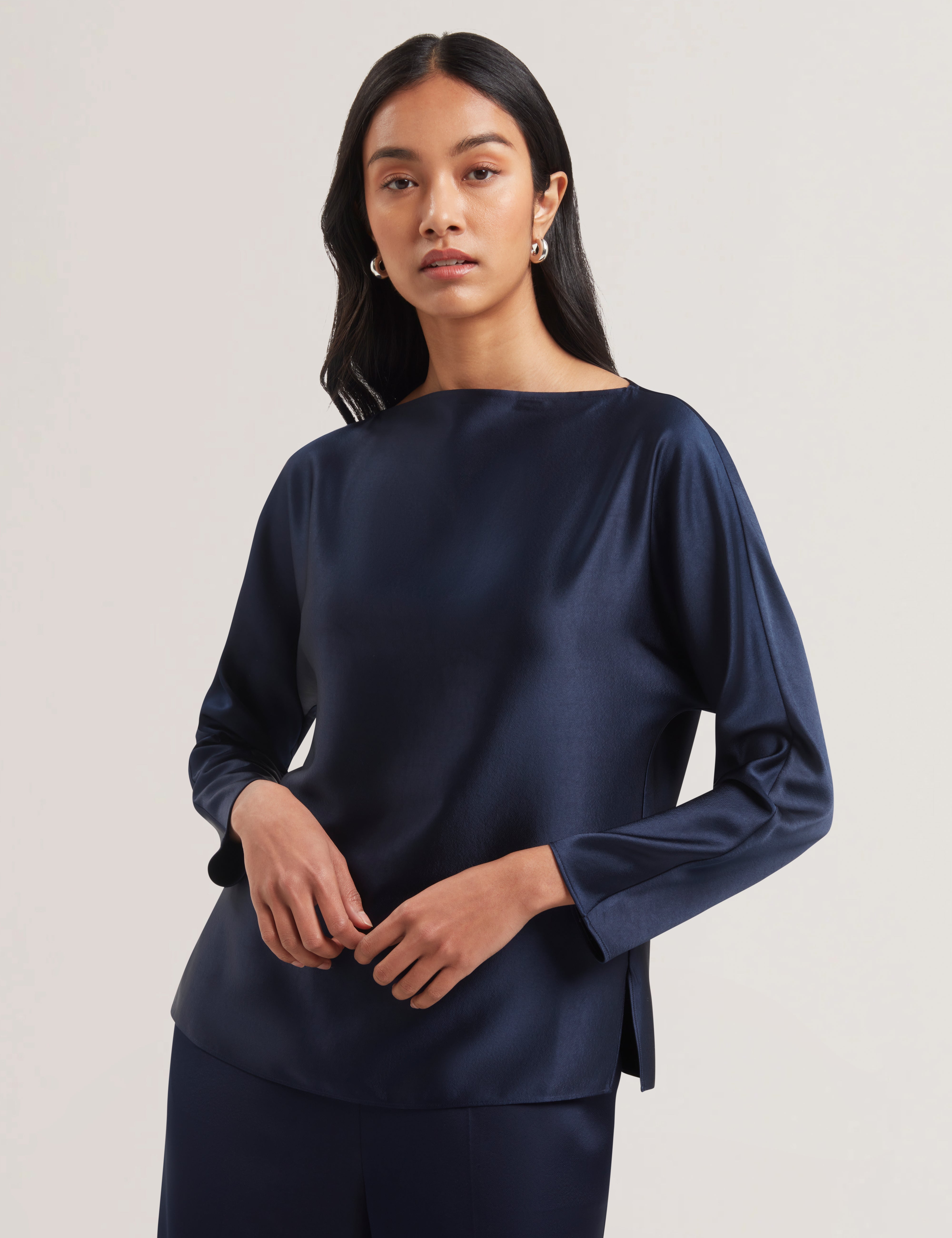 Vouga Slash Neck Satin Top Navy
