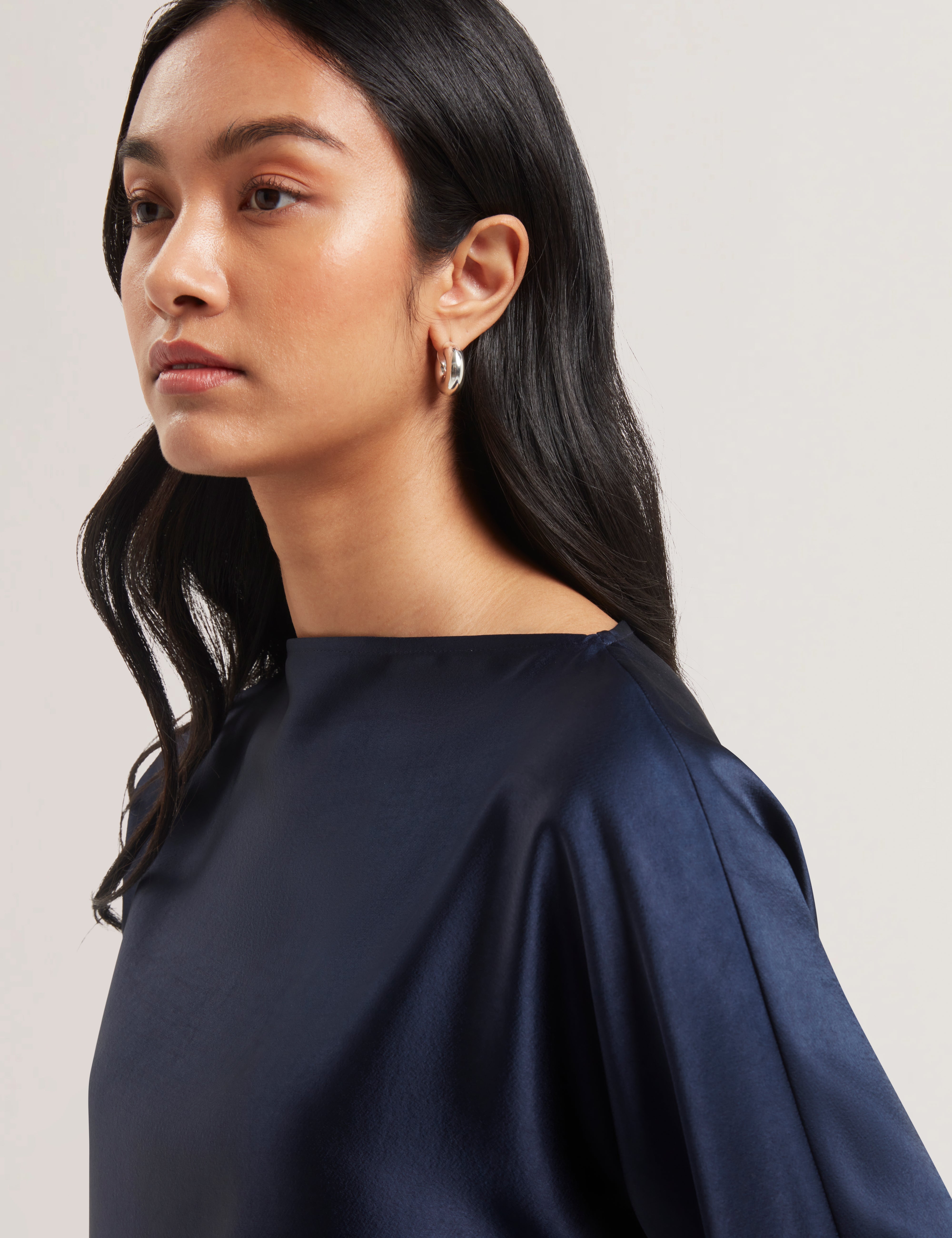Vouga Slash Neck Satin Top Navy