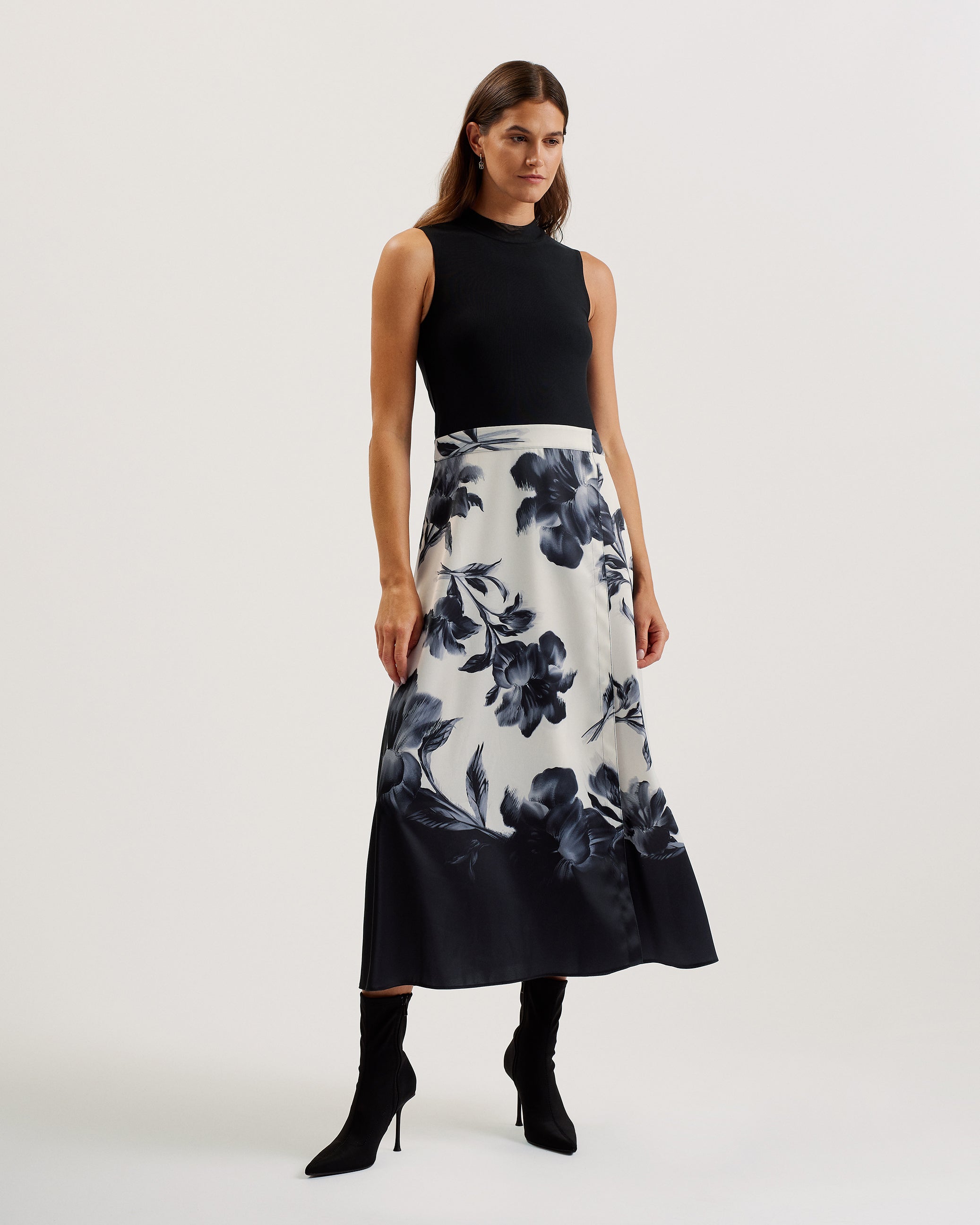 Edithhh Sleeveless Mesh Top Printed Midi Skirt Black