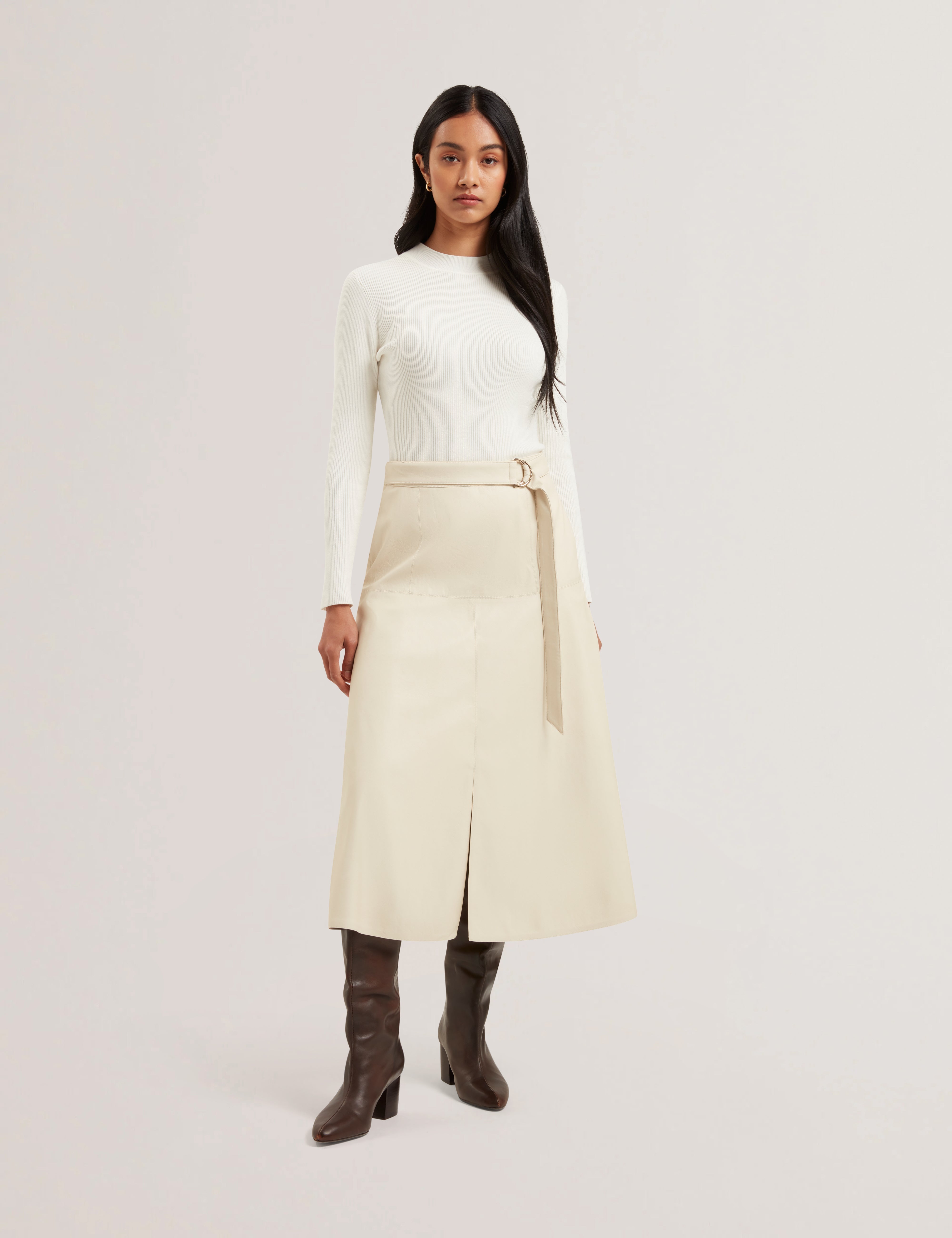 Zimi Faux Leather A Line Belted Midi Skirt Ecru