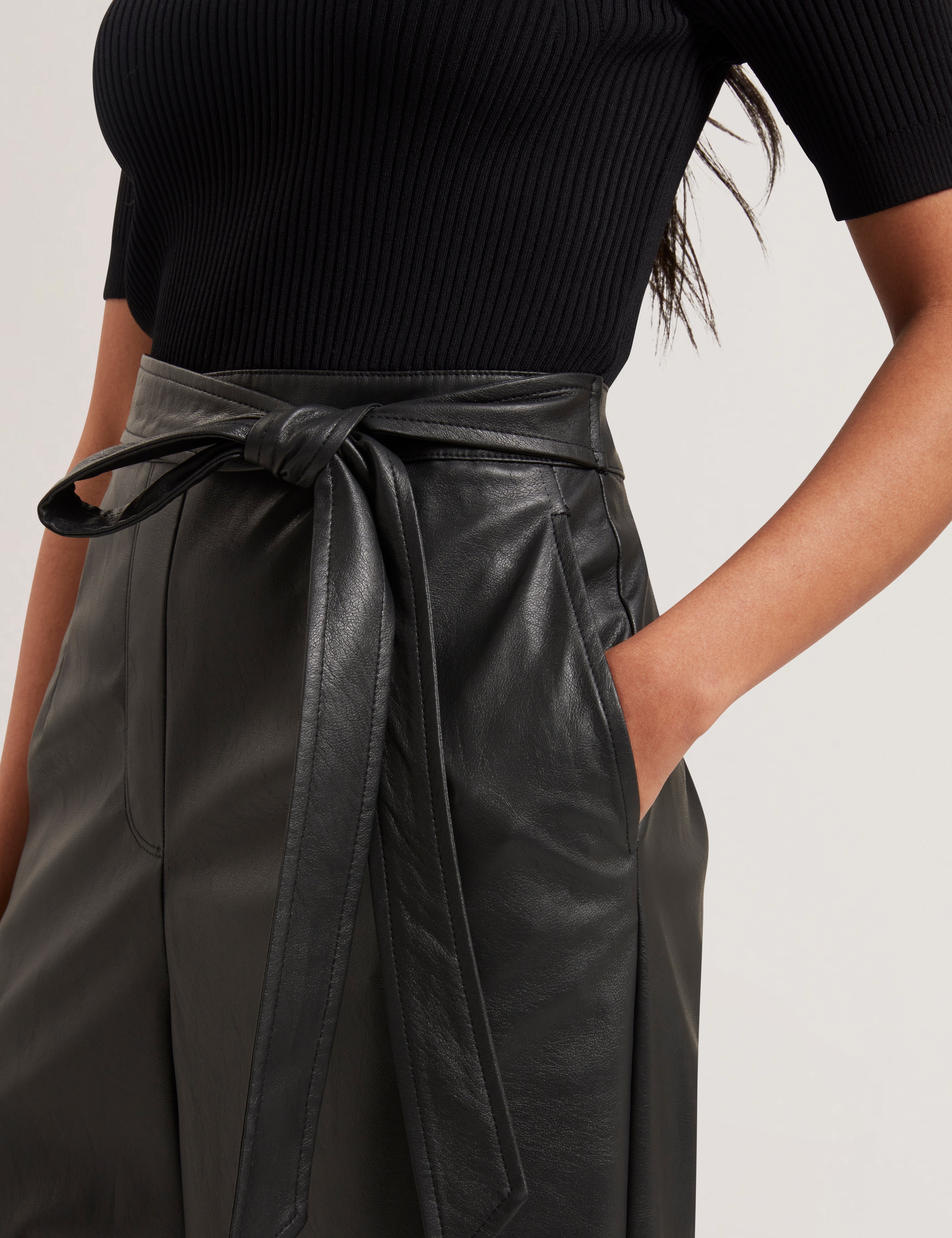 Telea Faux Leather Leg Knit Bodice Jumpsuit Black