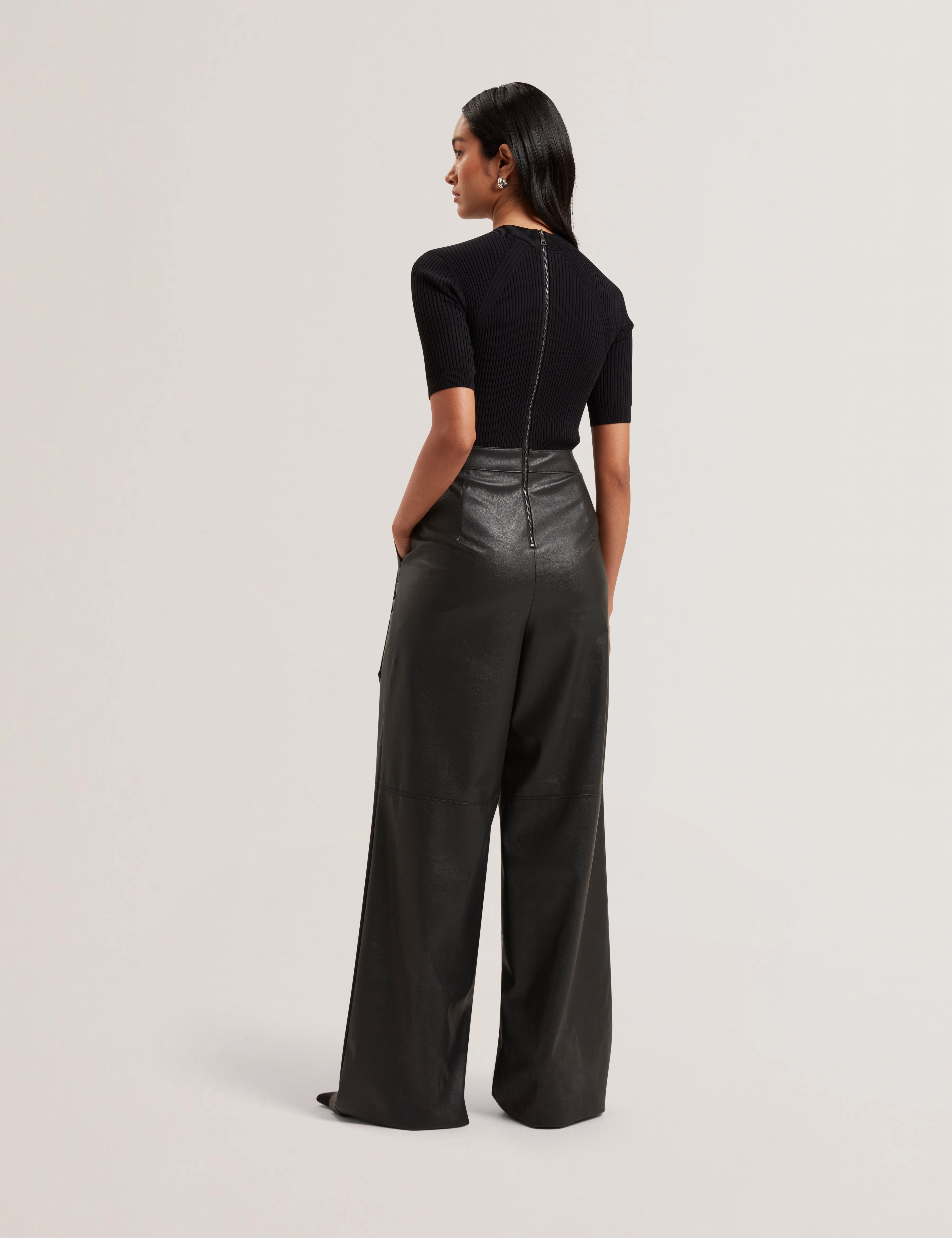 Telea Faux Leather Leg Knit Bodice Jumpsuit Black