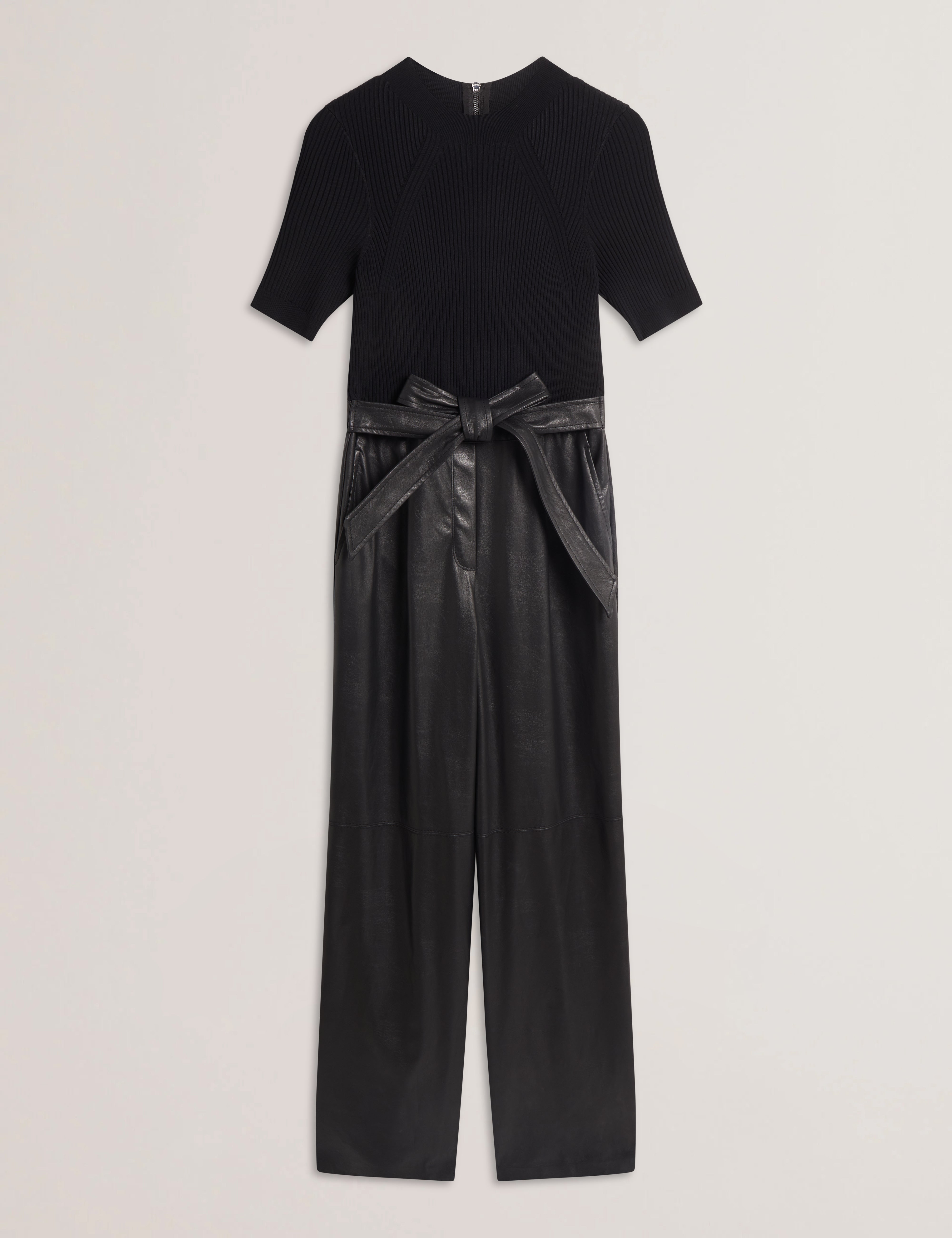 Telea Faux Leather Leg Knit Bodice Jumpsuit Black
