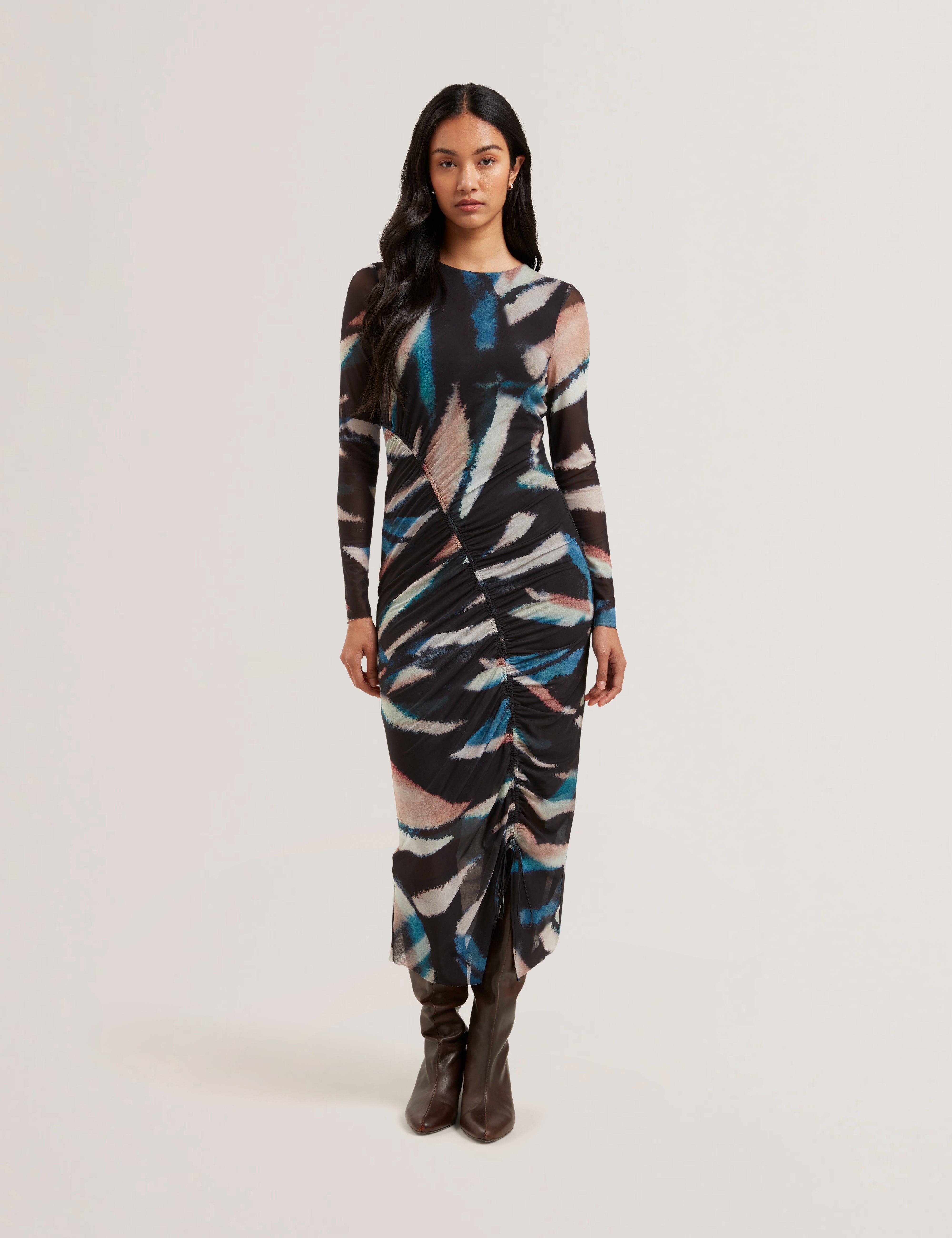 Ellylou Printed Mesh Bodycon Gathered Midi Dress Black