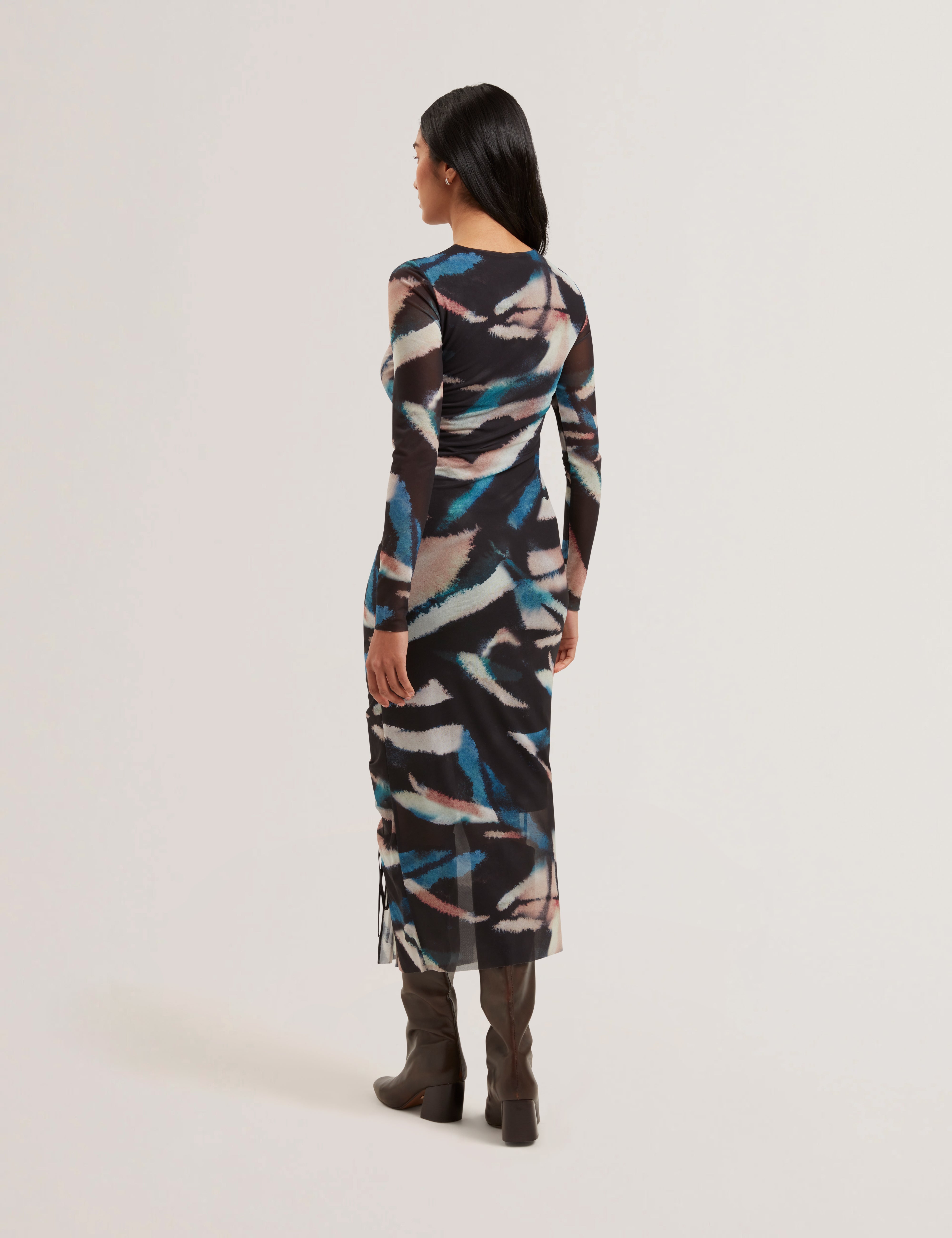 Ellylou Printed Mesh Bodycon Gathered Midi Dress Black