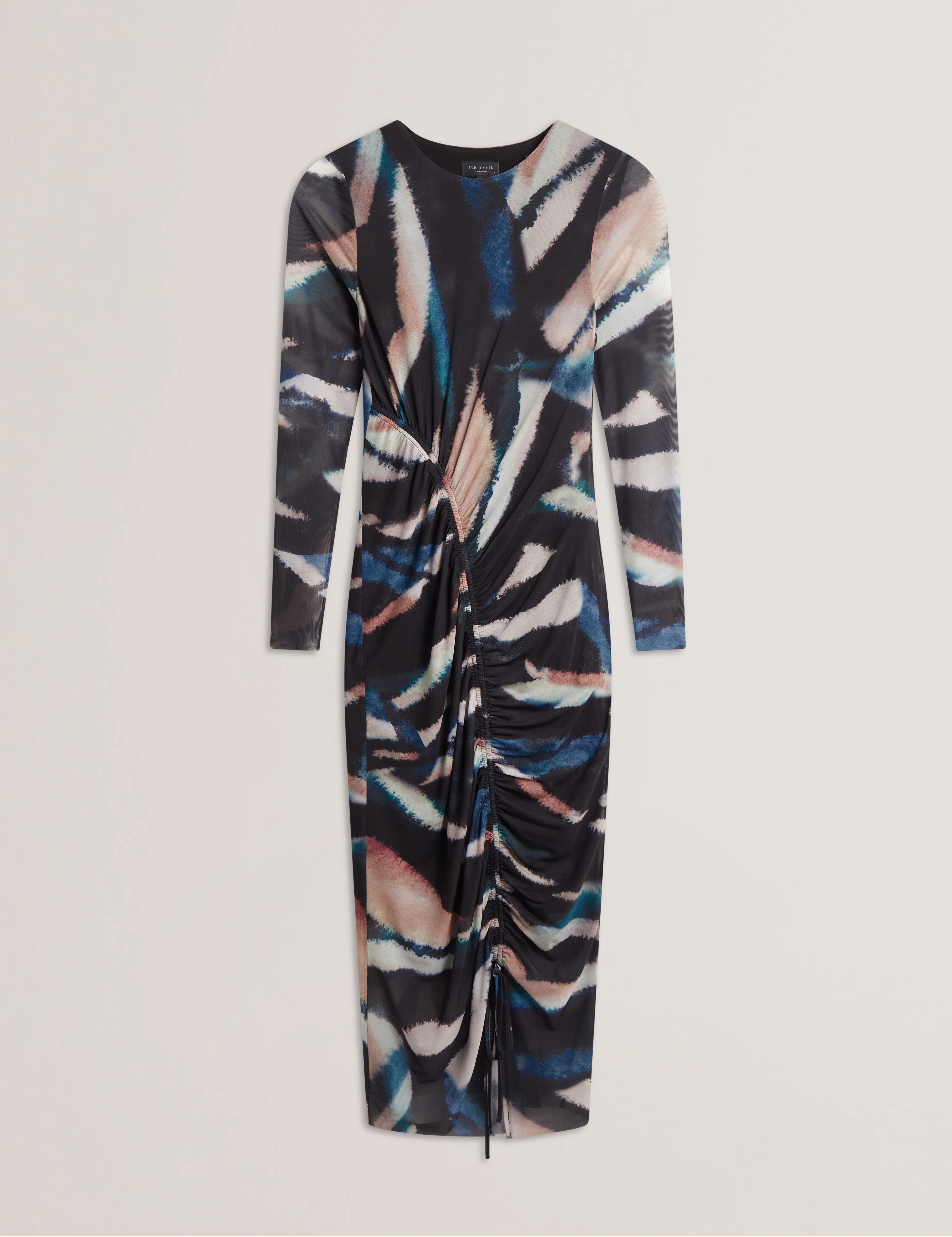 Ellylou Printed Mesh Bodycon Gathered Midi Dress Black