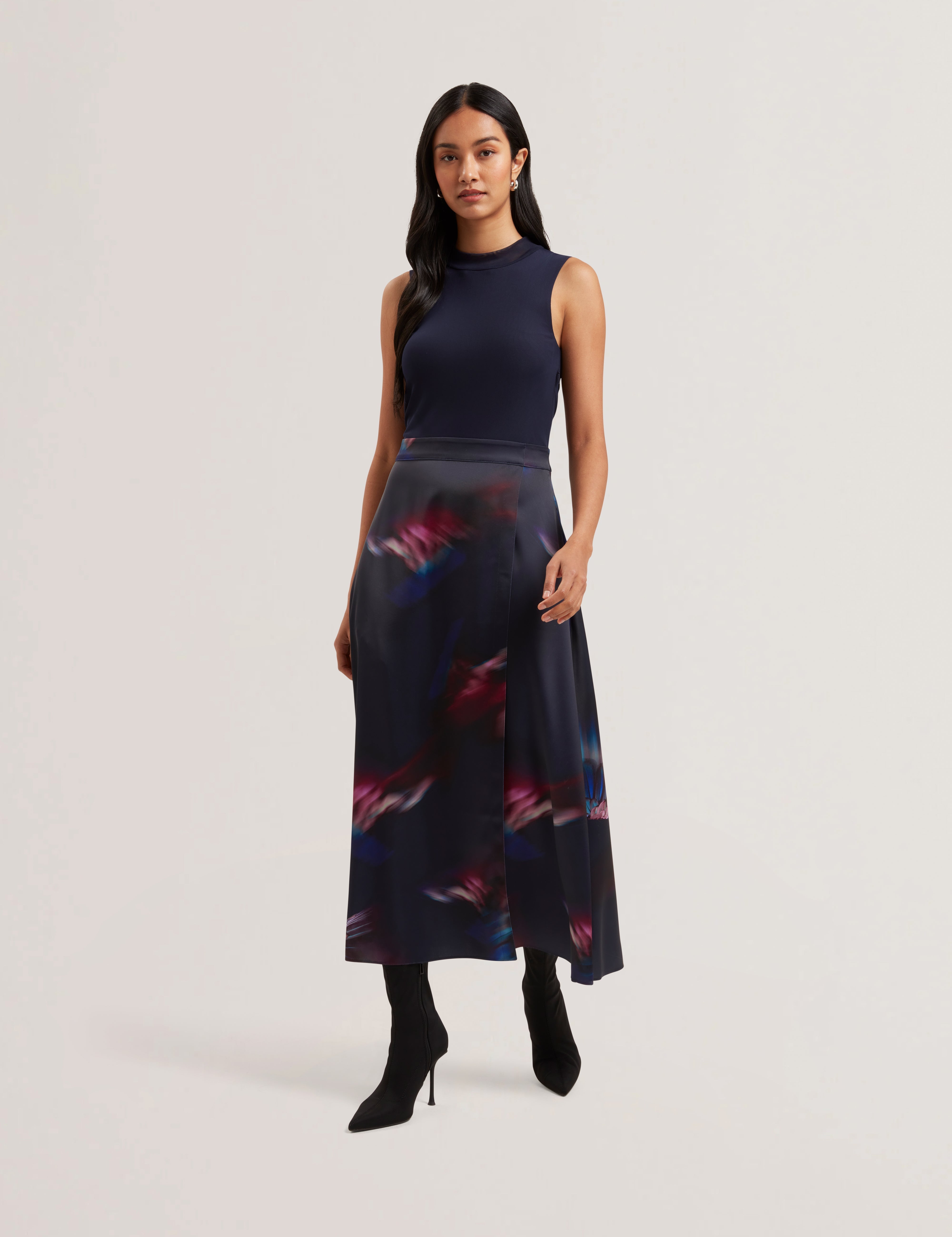 Marlyee Jersey High Neck Top Printed Midi Skirt Navy