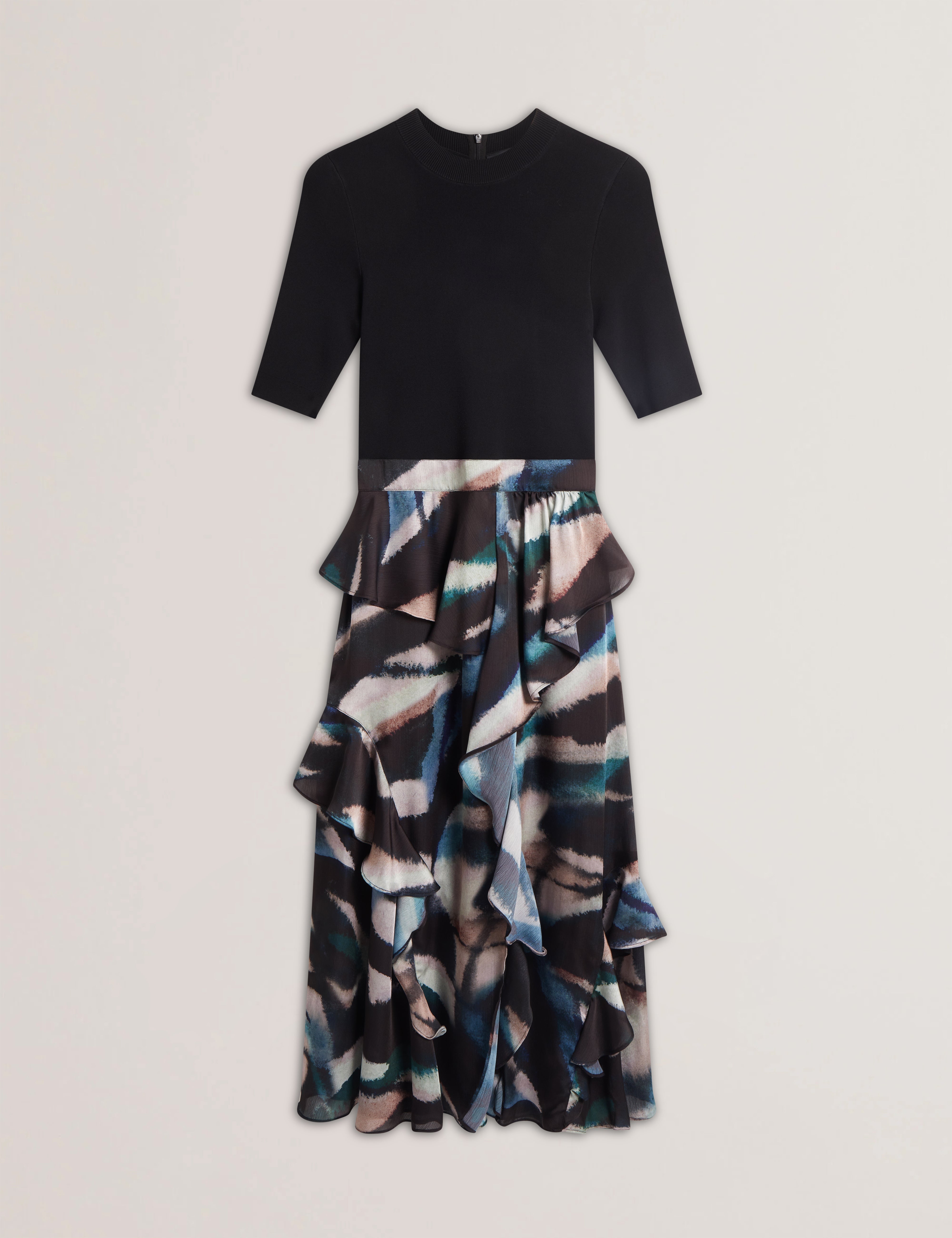 Aurelio Knit Bodice Printed Ruffle Skirt Dress Black