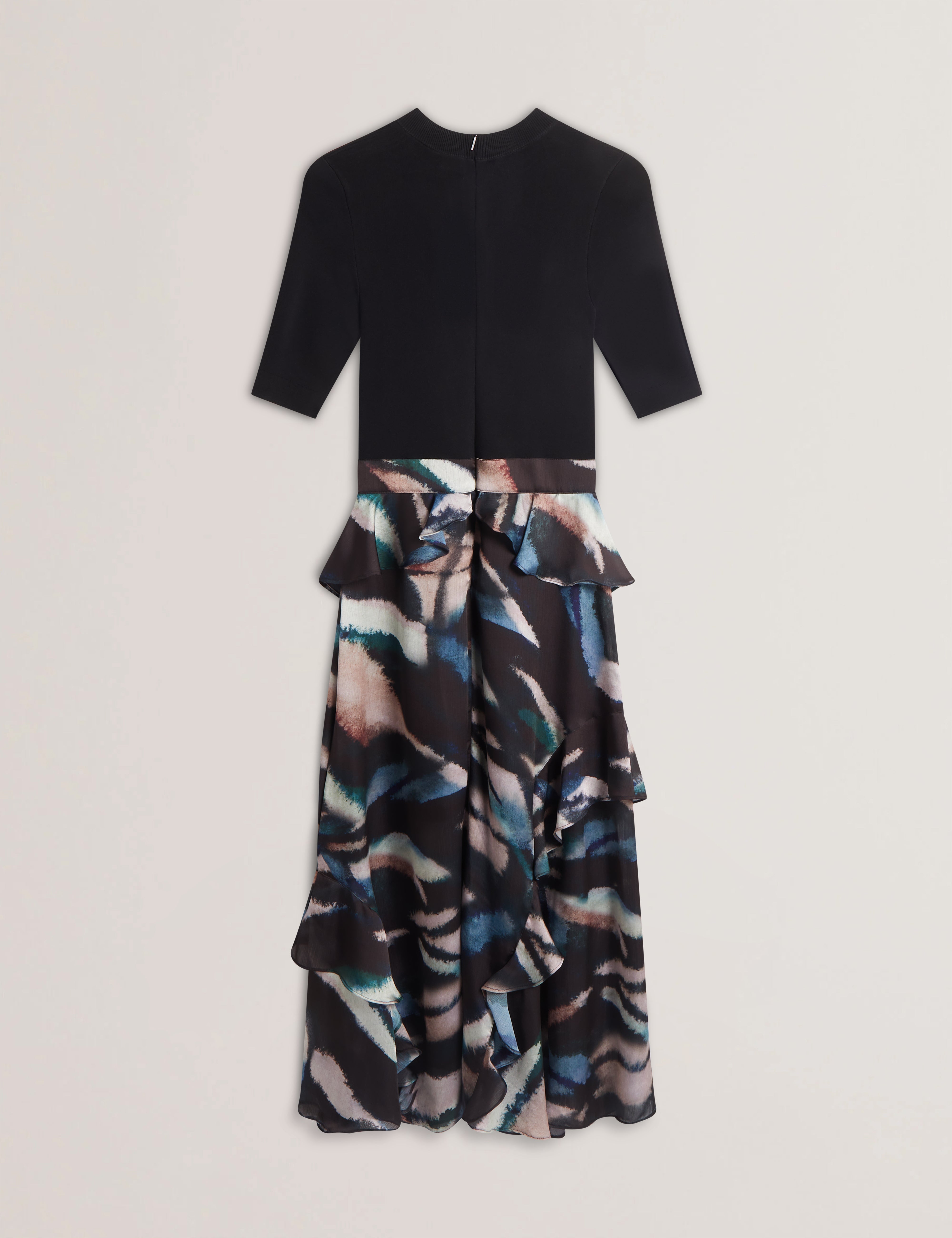 Shop Aurelio Knit Bodice Printed Ruffle Skirt Dress Black for Women Online  | Ted Baker Kuwait