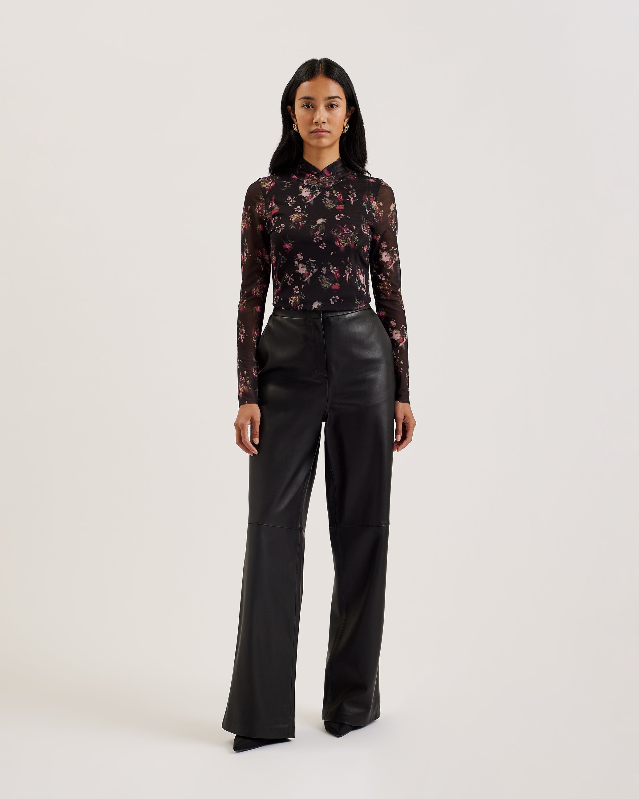Ditzy High Neck Printed Skinny Fit Mesh Top Black