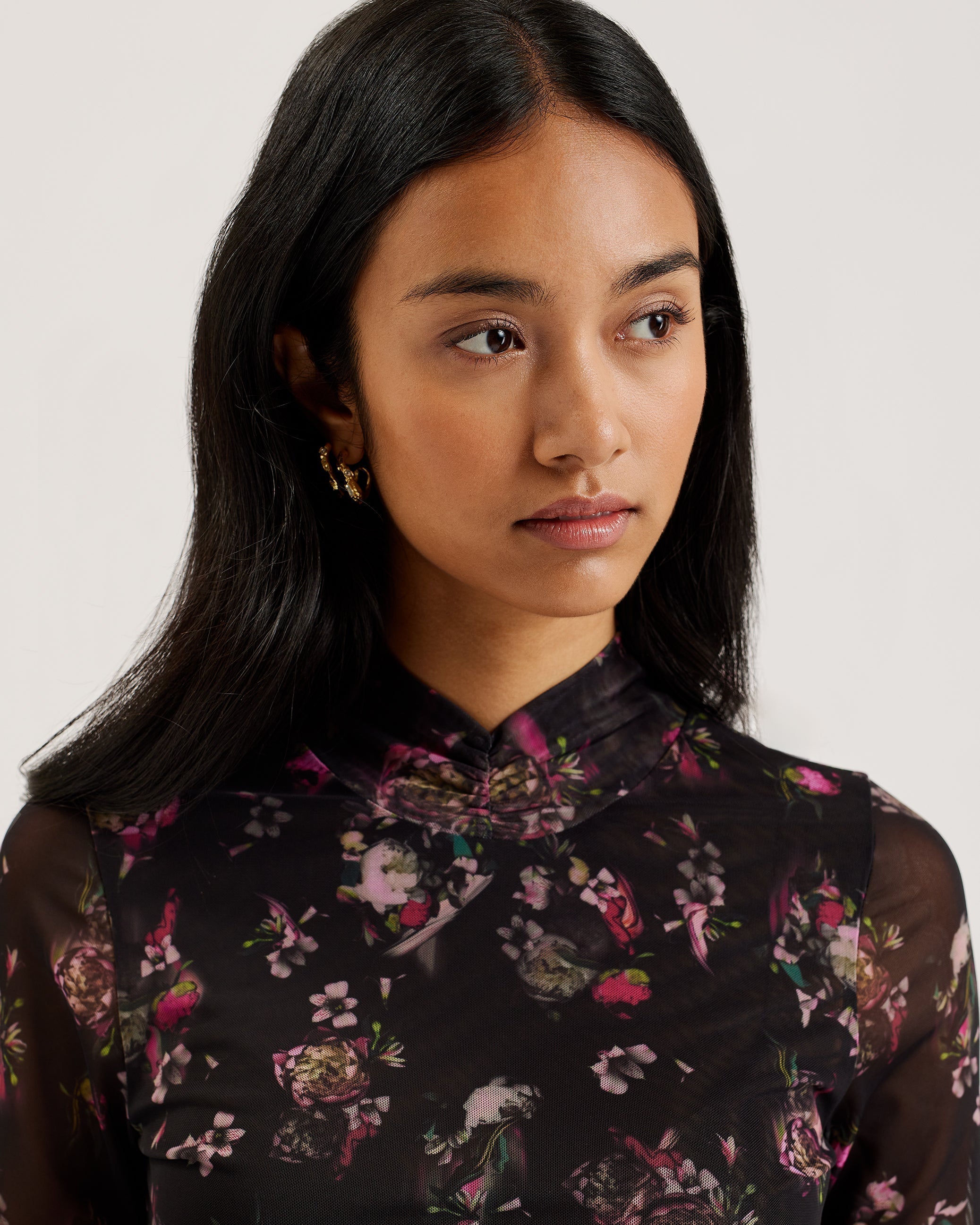 Ditzy High Neck Printed Skinny Fit Mesh Top Black