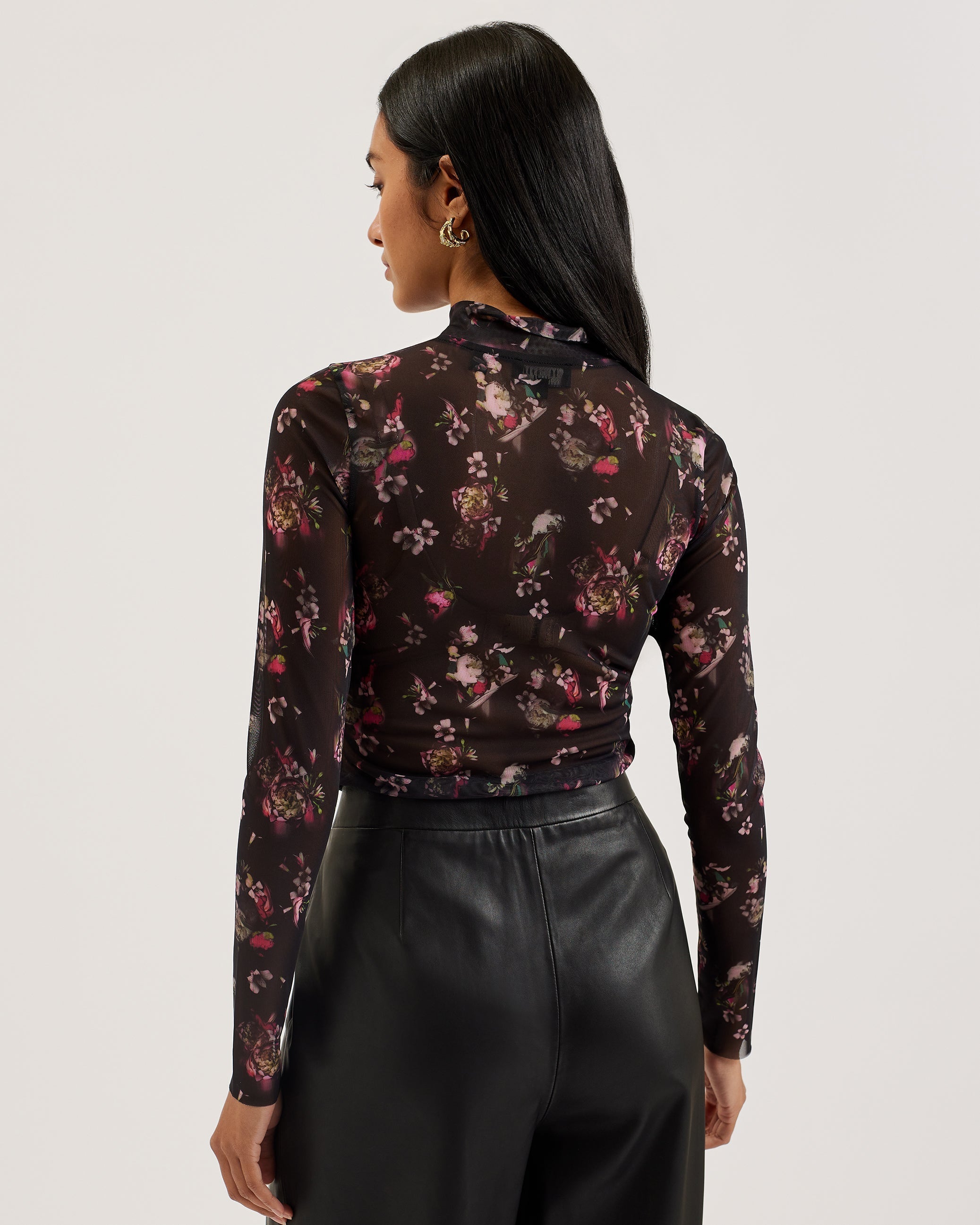 Ditzy High Neck Printed Skinny Fit Mesh Top Black