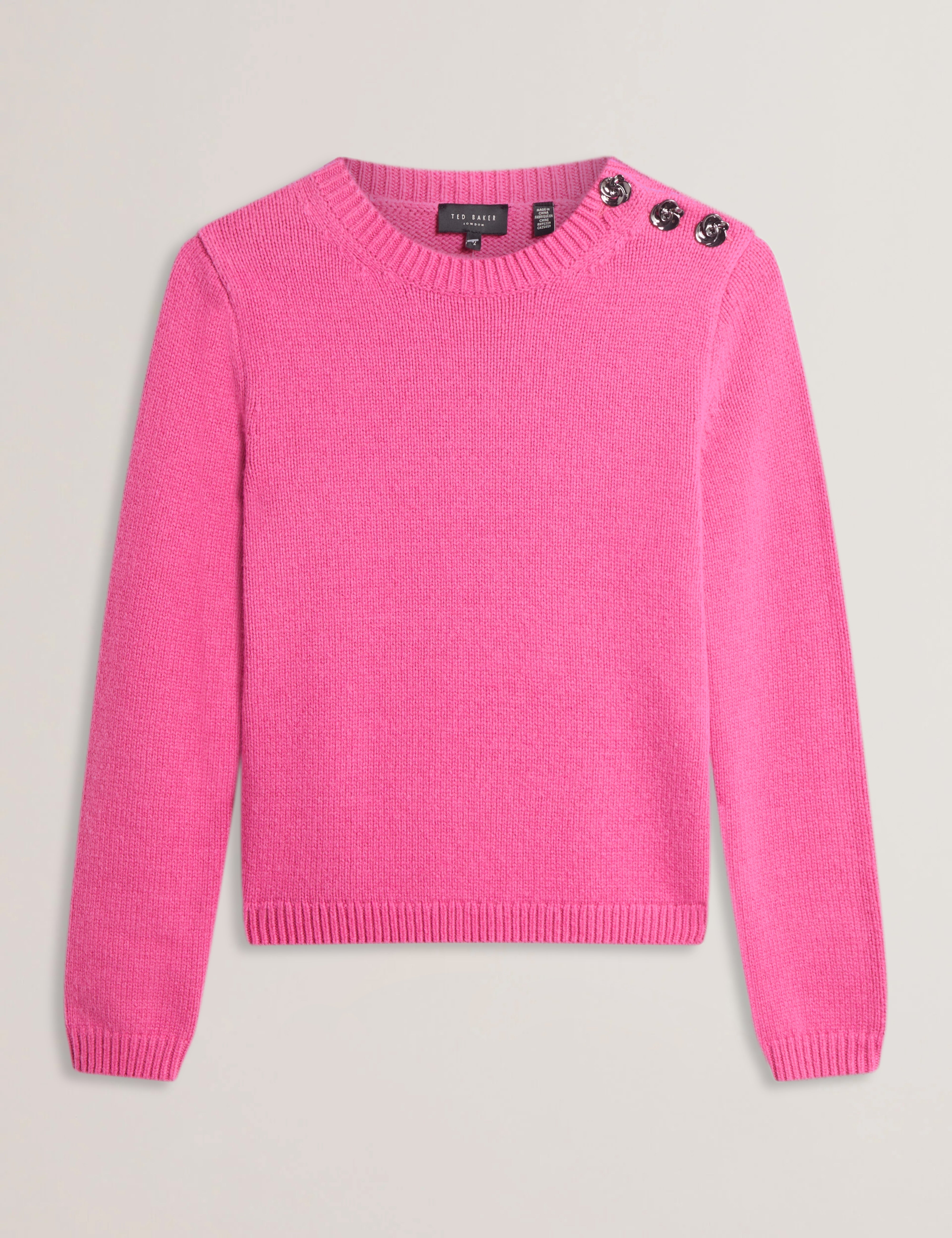 Janha Rose Button Crew Neck Long Sleeve Sweater Brt-Pink