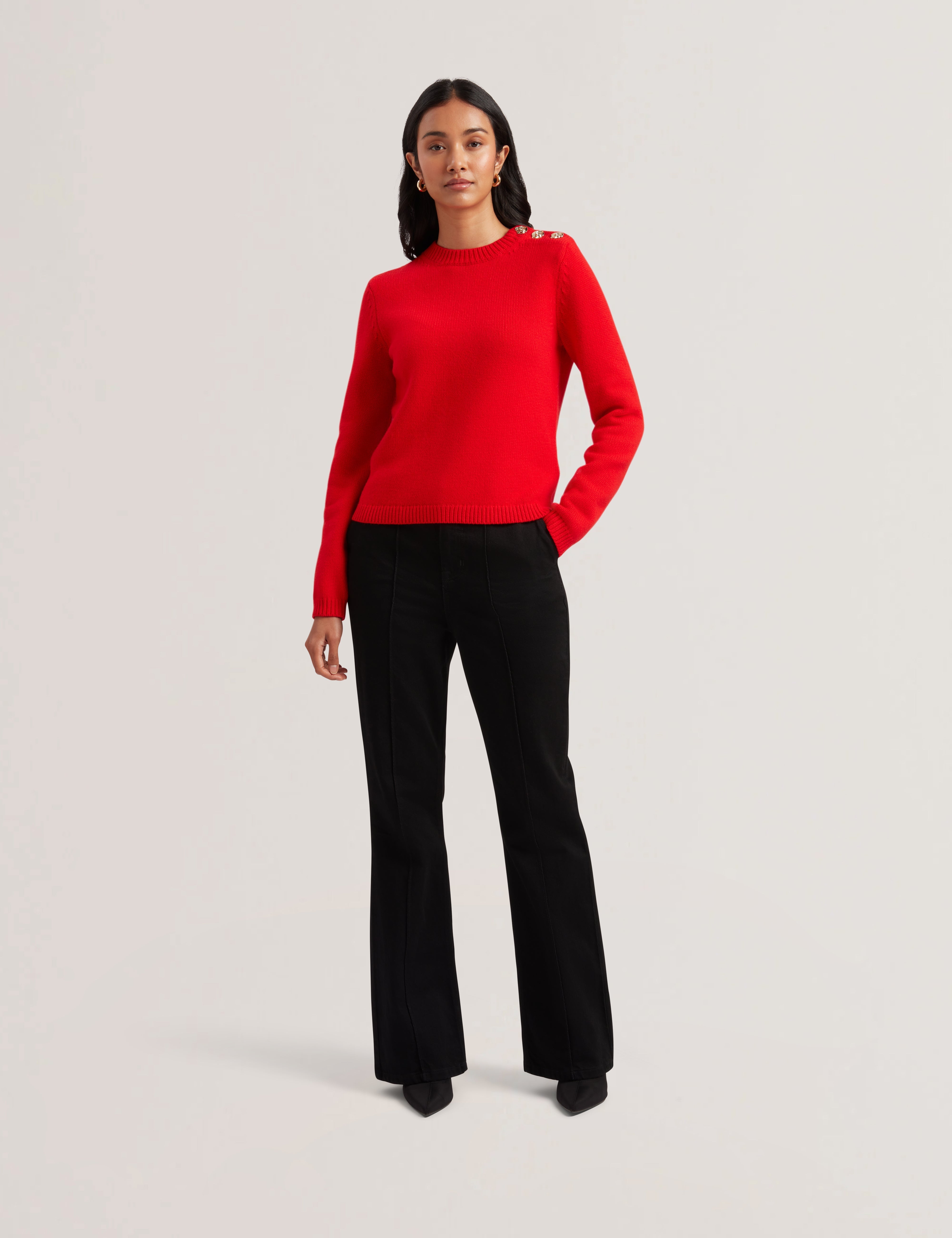 Janha Rose Button Crew Neck Long Sleeve Sweatshirt Red