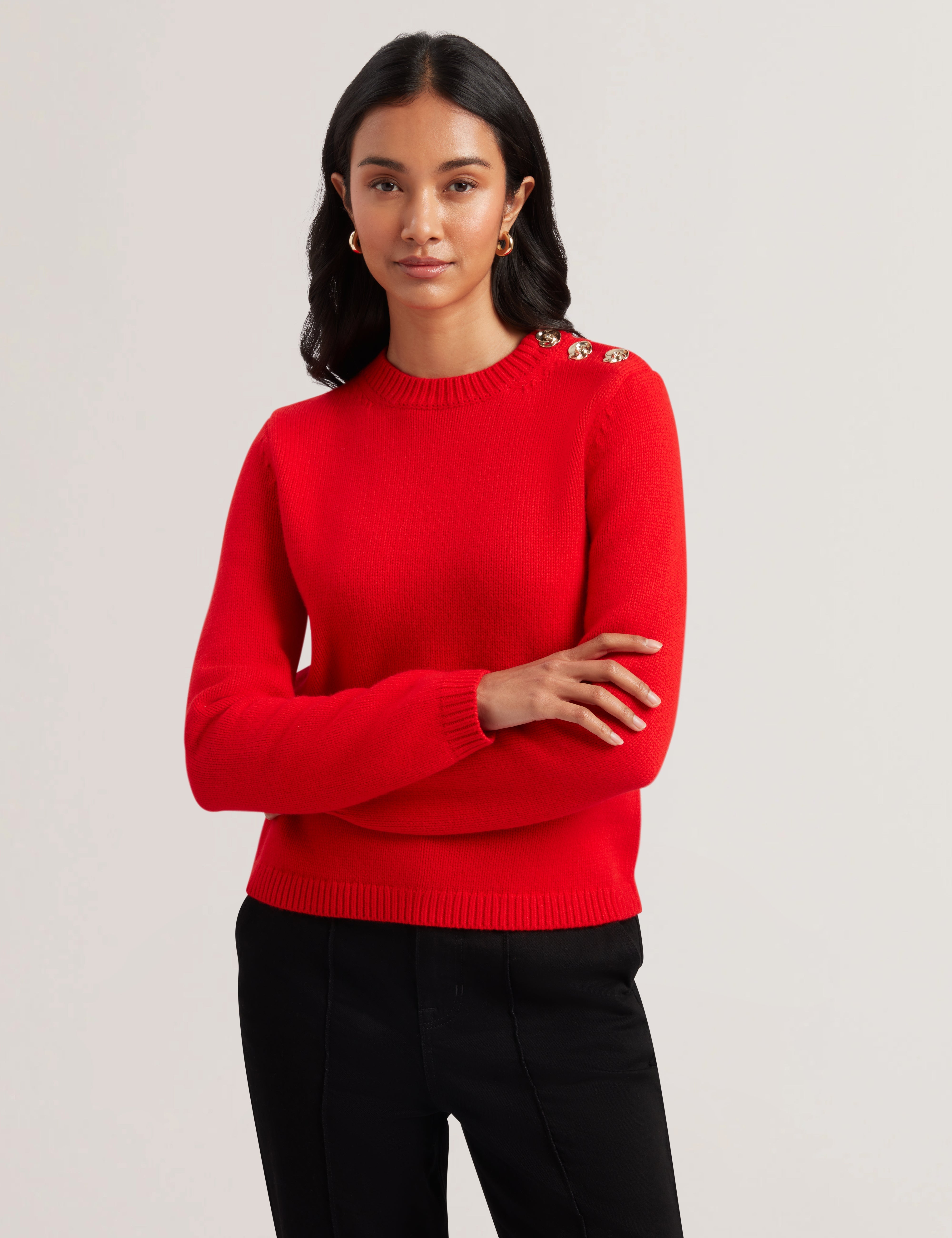 Janha Rose Button Crew Neck Long Sleeve Sweatshirt Red