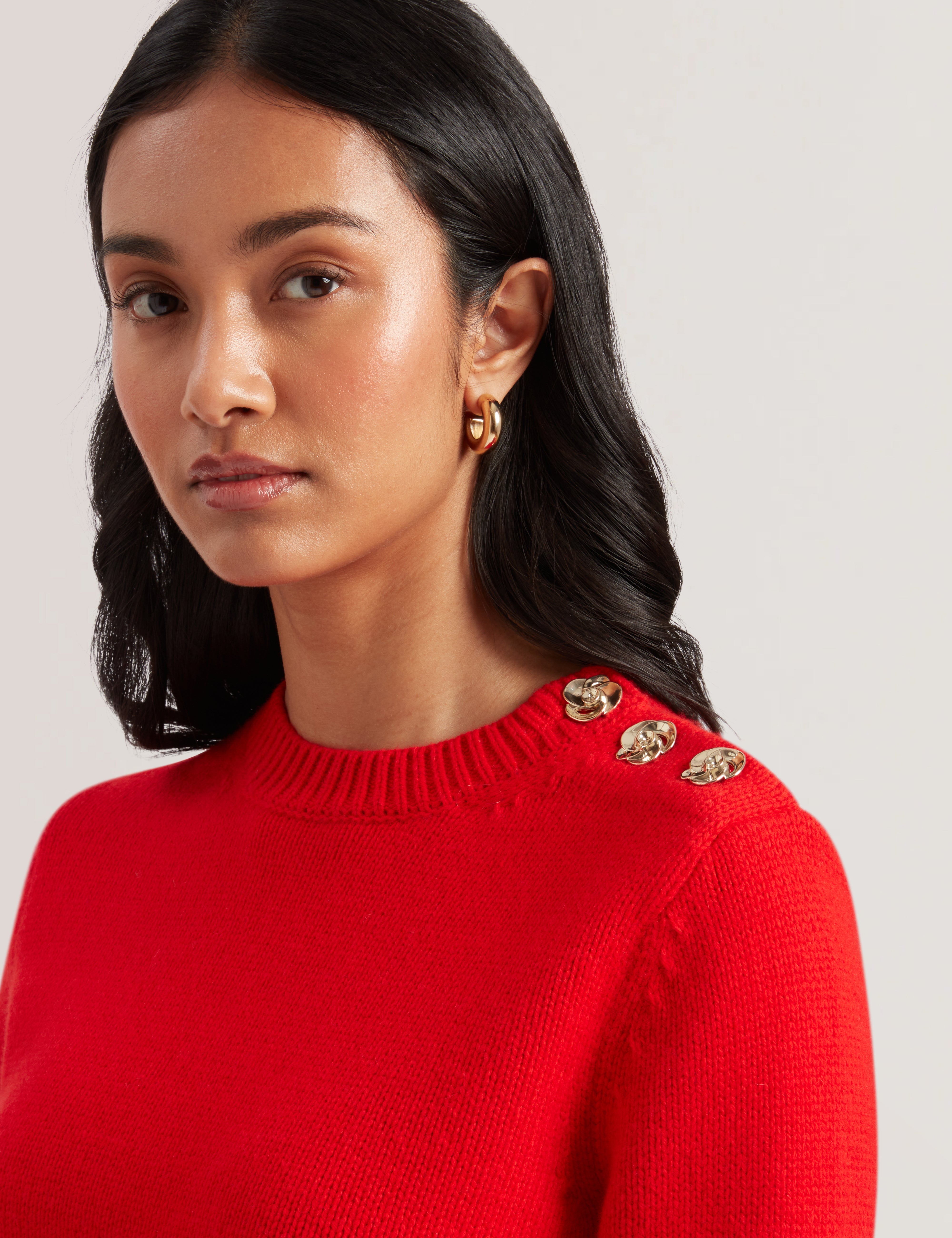Janha Rose Button Crew Neck Long Sleeve Sweatshirt Red