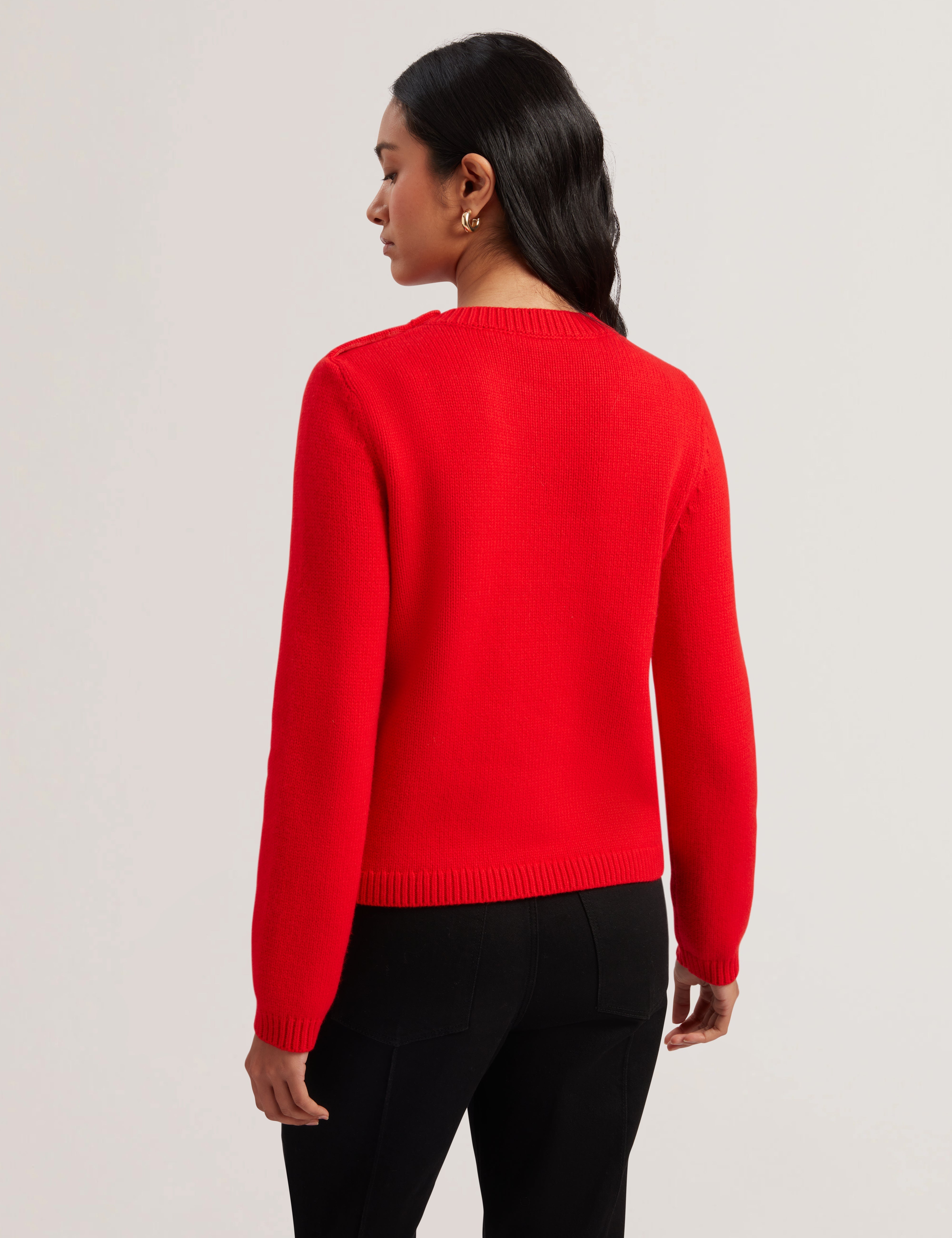 Janha Rose Button Crew Neck Long Sleeve Sweatshirt Red