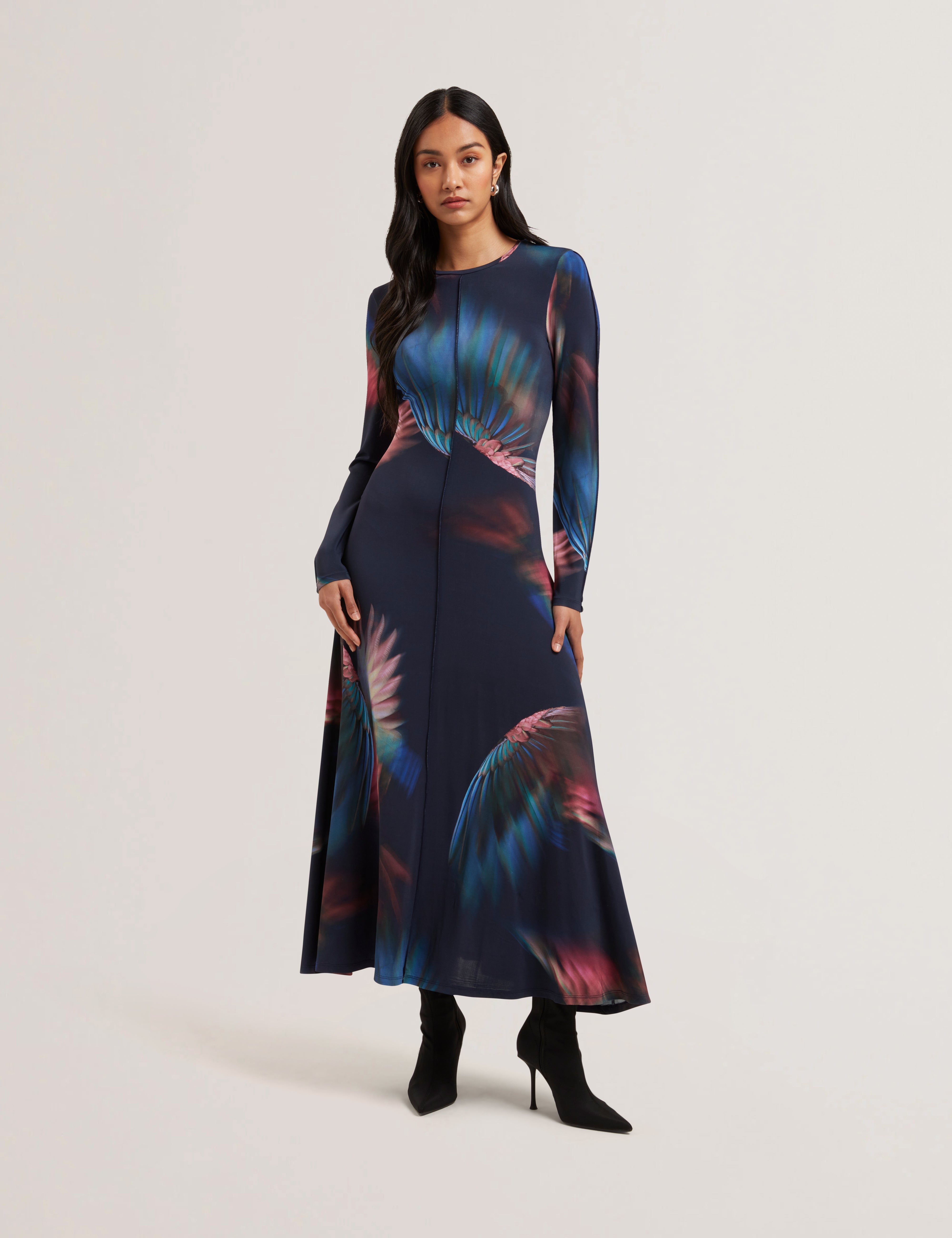 Georii Printed Slinky Jersey Long Sleeve Midi Dress Navy