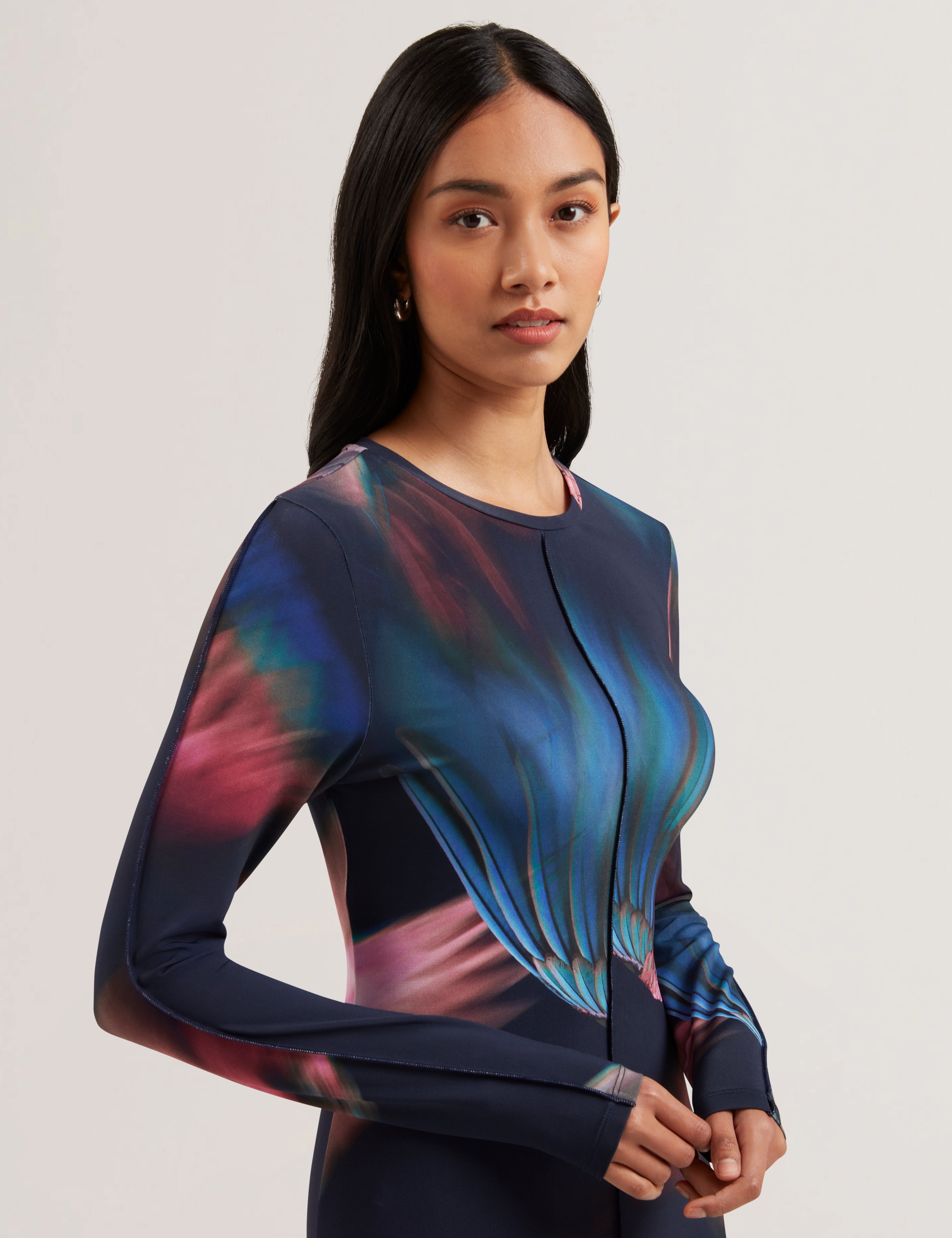 Georii Printed Slinky Jersey Long Sleeve Midi Dress Navy