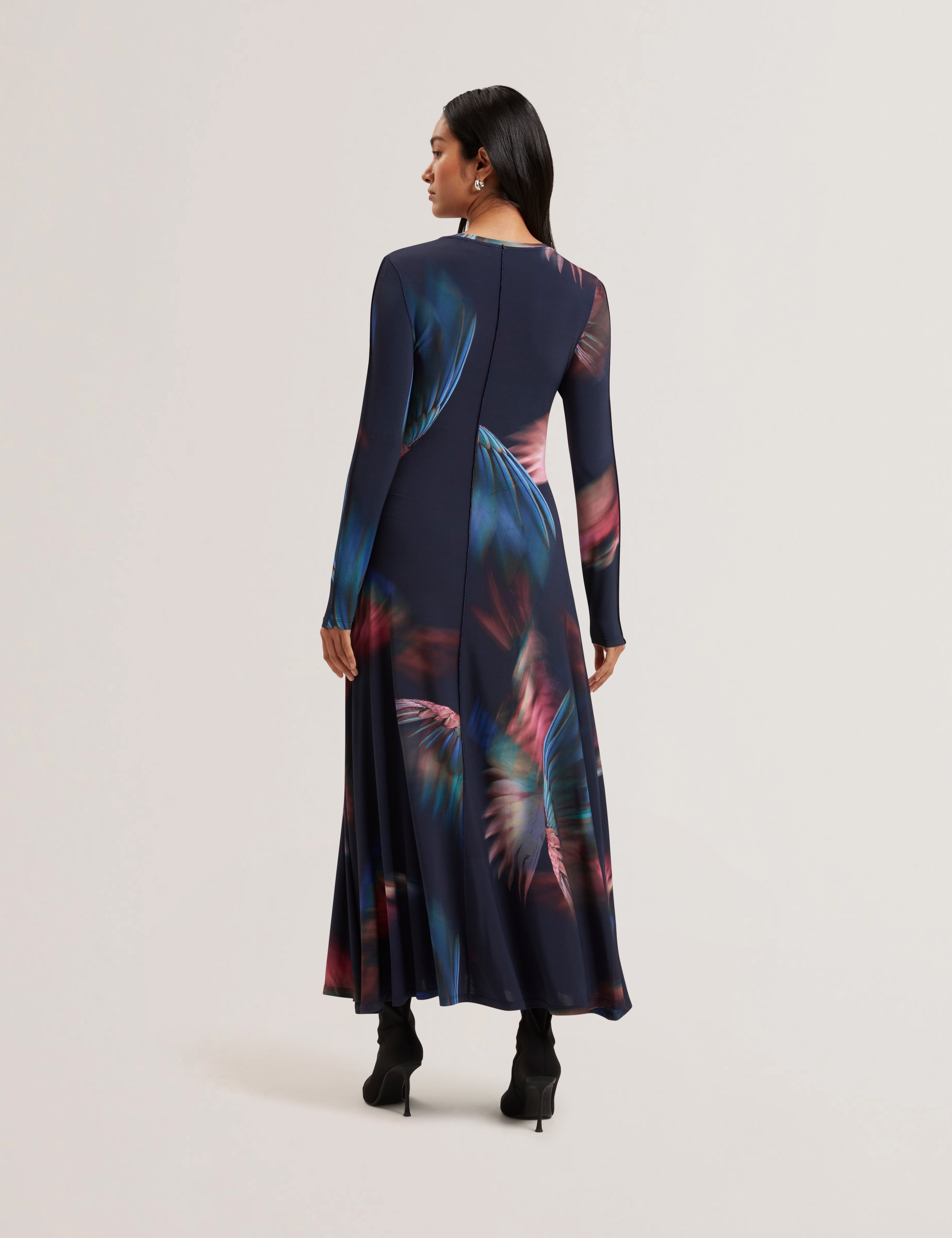 Georii Printed Slinky Jersey Long Sleeve Midi Dress Navy