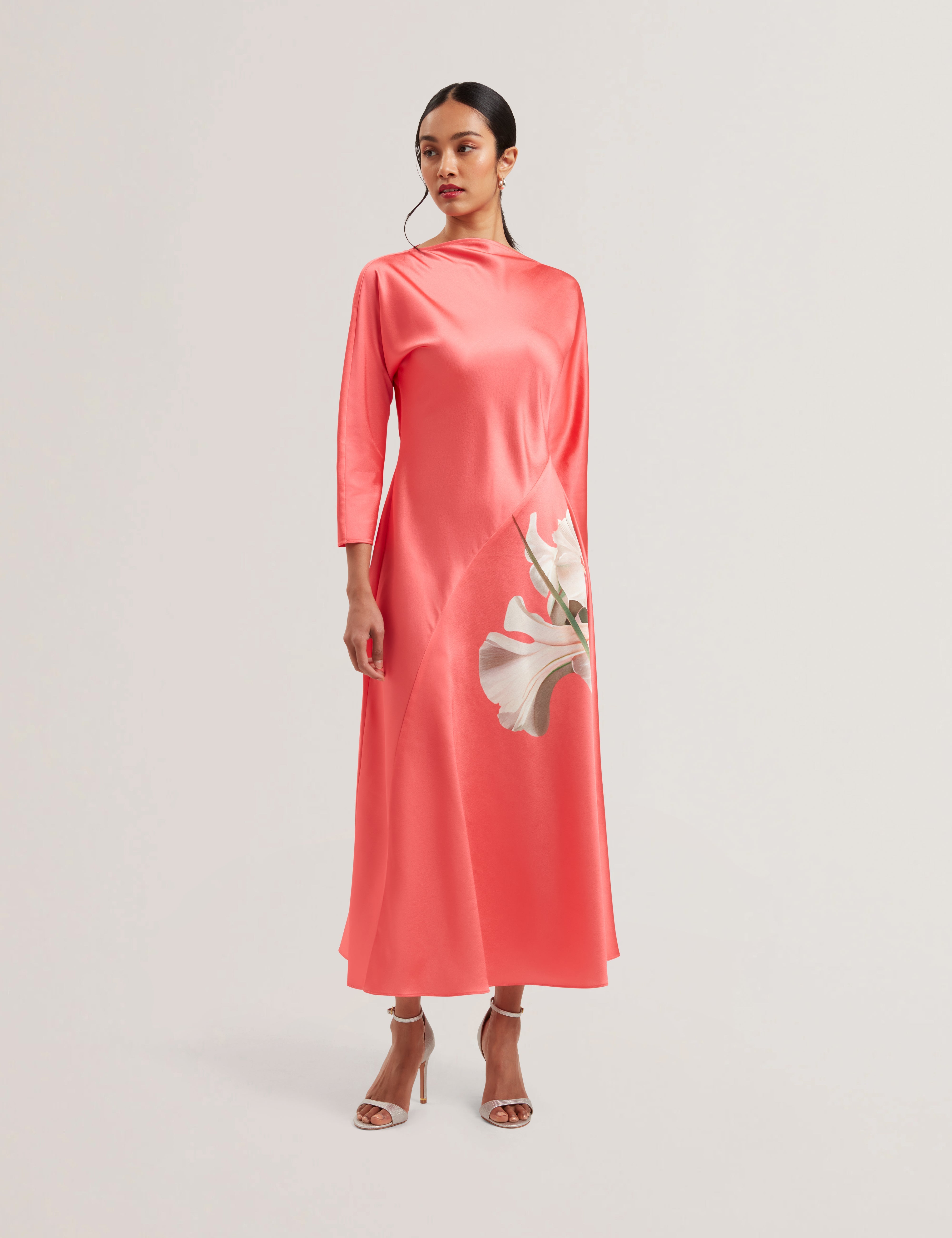 Ticia Curve Seam Detail Midi Dress Coral