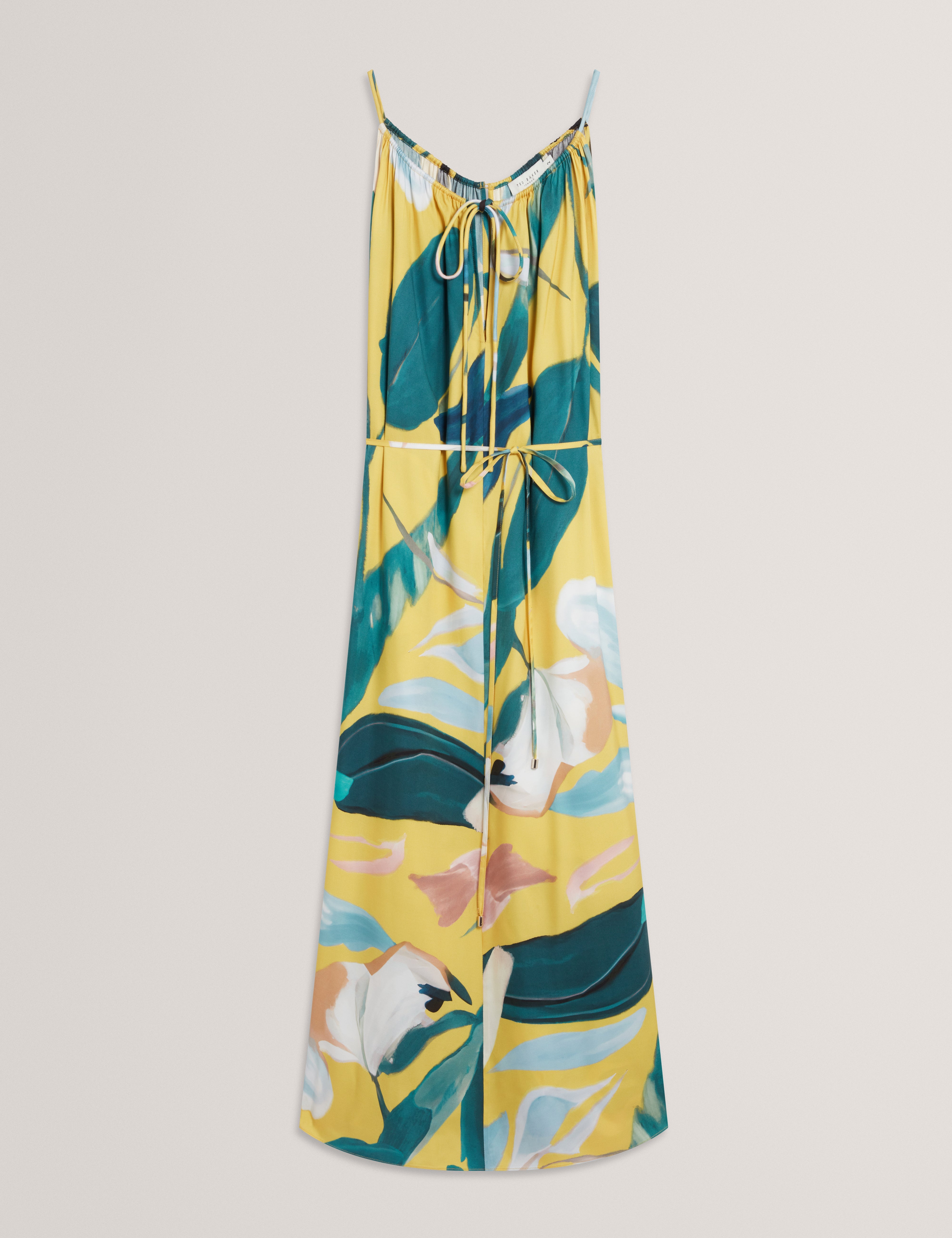 فستان ريليا متوسط ​​الطول بفتحة رقبة على شكل هالتر باللون الأصفر