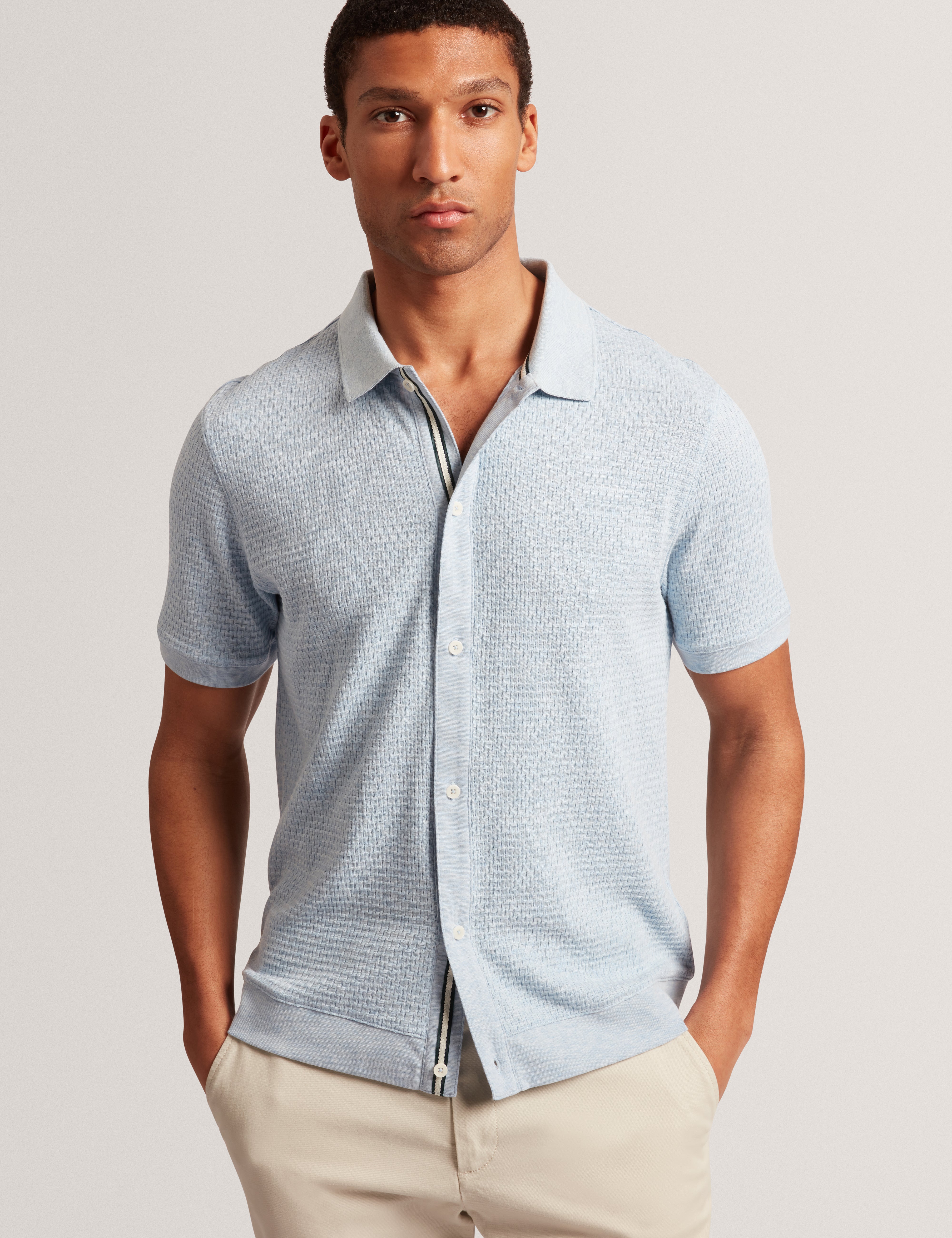Connyr Short Sleeve Regular Button Through Polo Shirt Mid-Blue