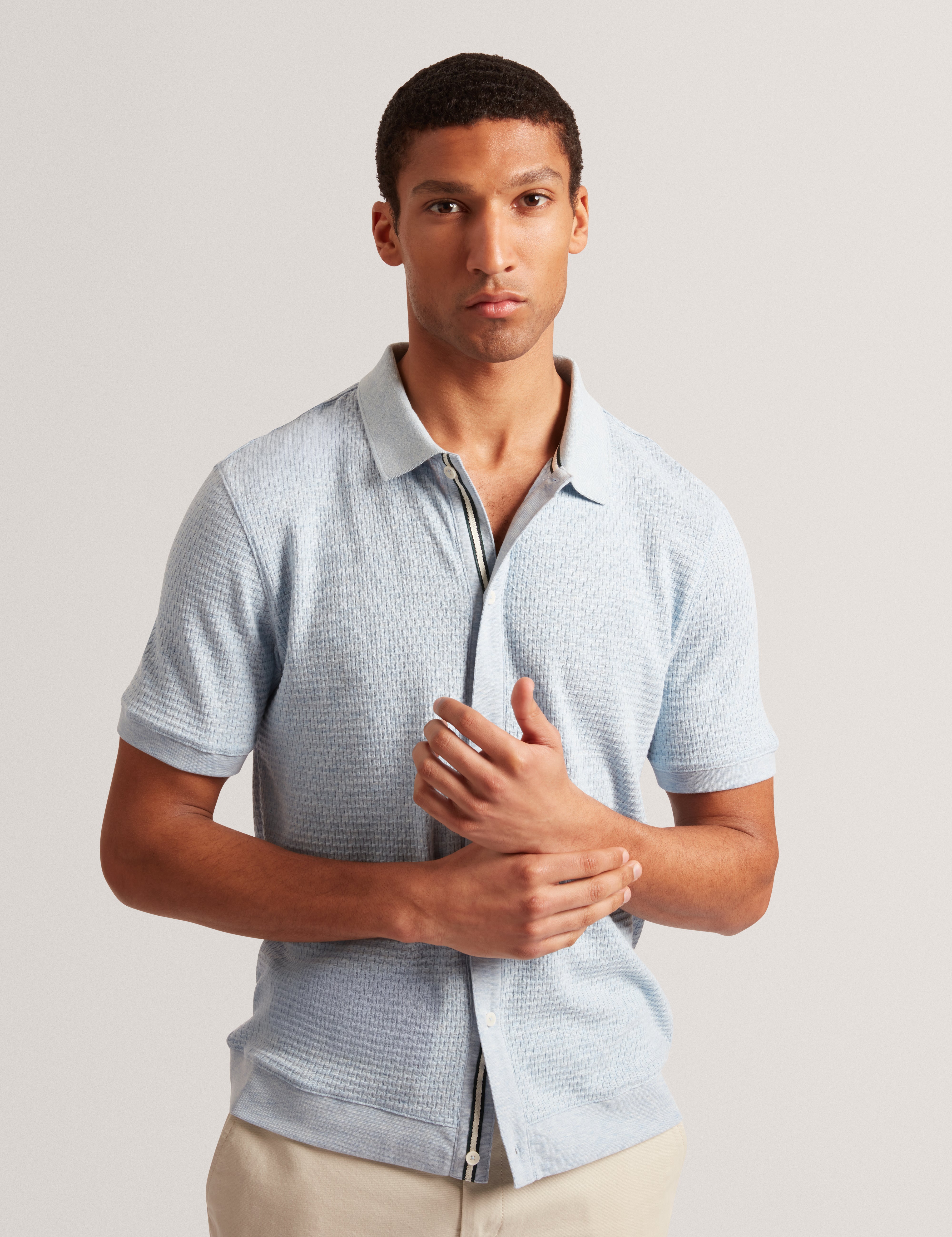 Connyr Short Sleeve Regular Button Through Polo Shirt Mid-Blue
