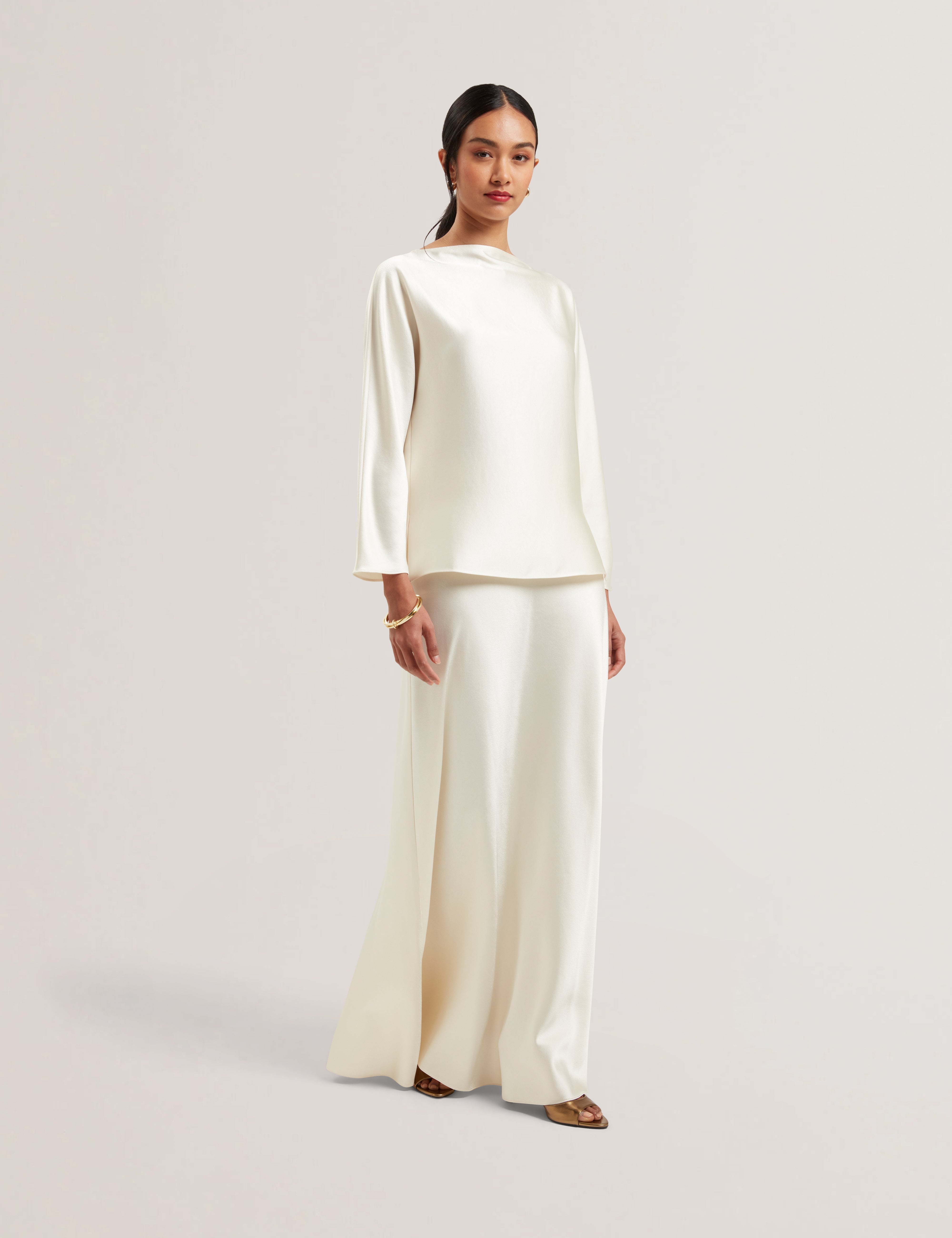 Ontarii Bias Cut Satin Maxi Skirt White