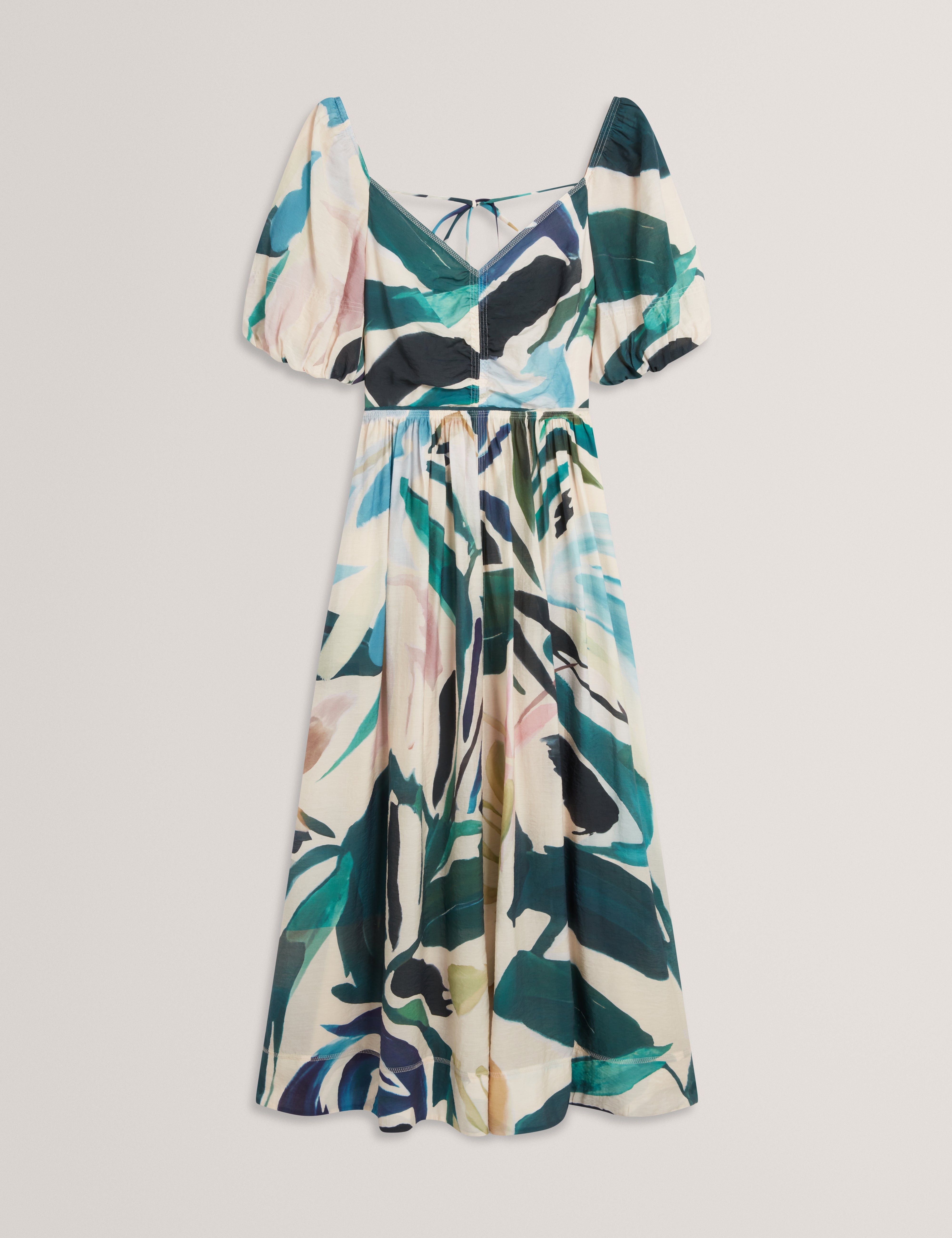 فستان مويلا ميدي بأكمام منفوخة وتفاصيل مجعدة، لون وردي فاتح