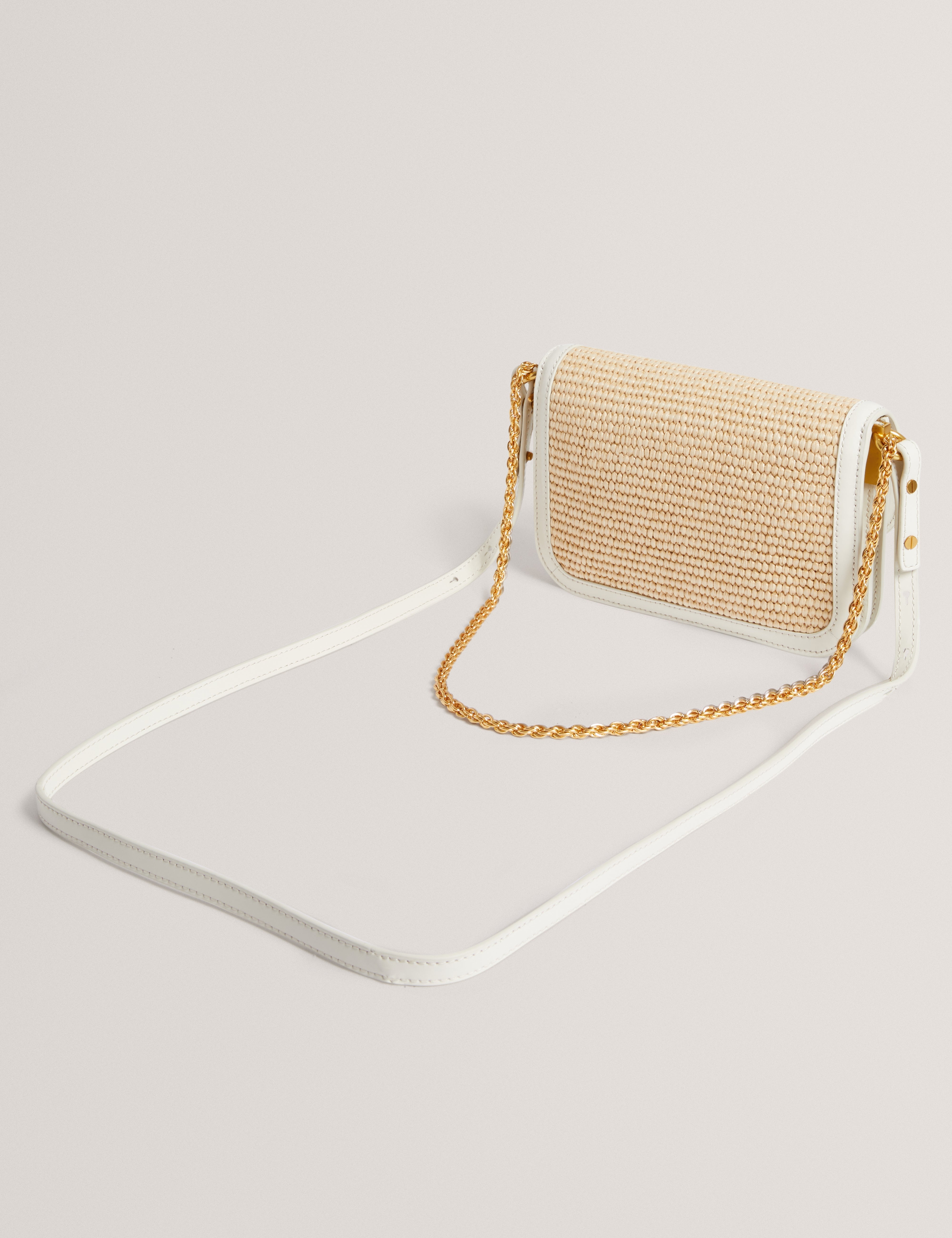 Kkassie Twist Lock Detail Small Raffia Crossbody Bag Ecru