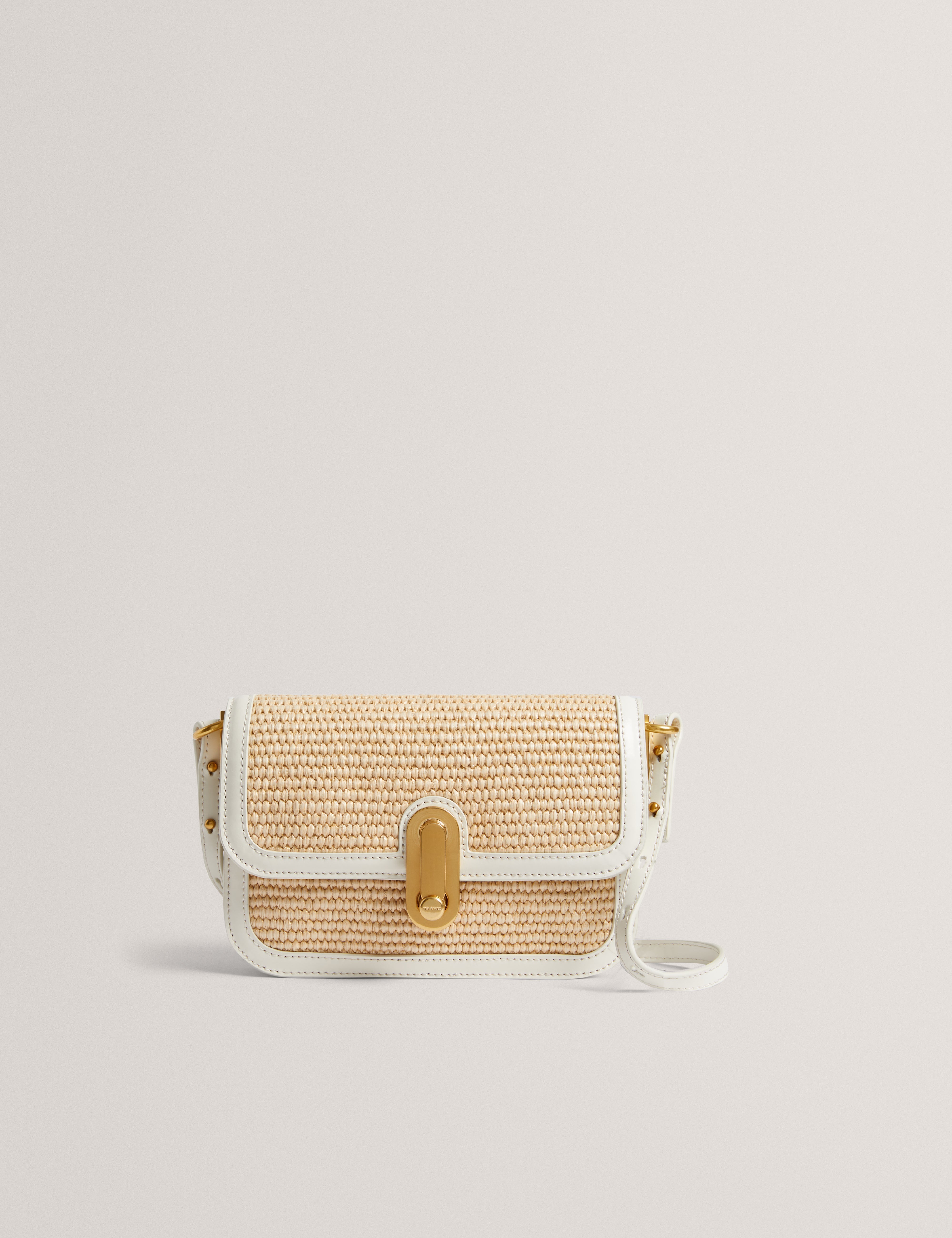 Kkassie Twist Lock Detail Small Raffia Crossbody Bag Ecru