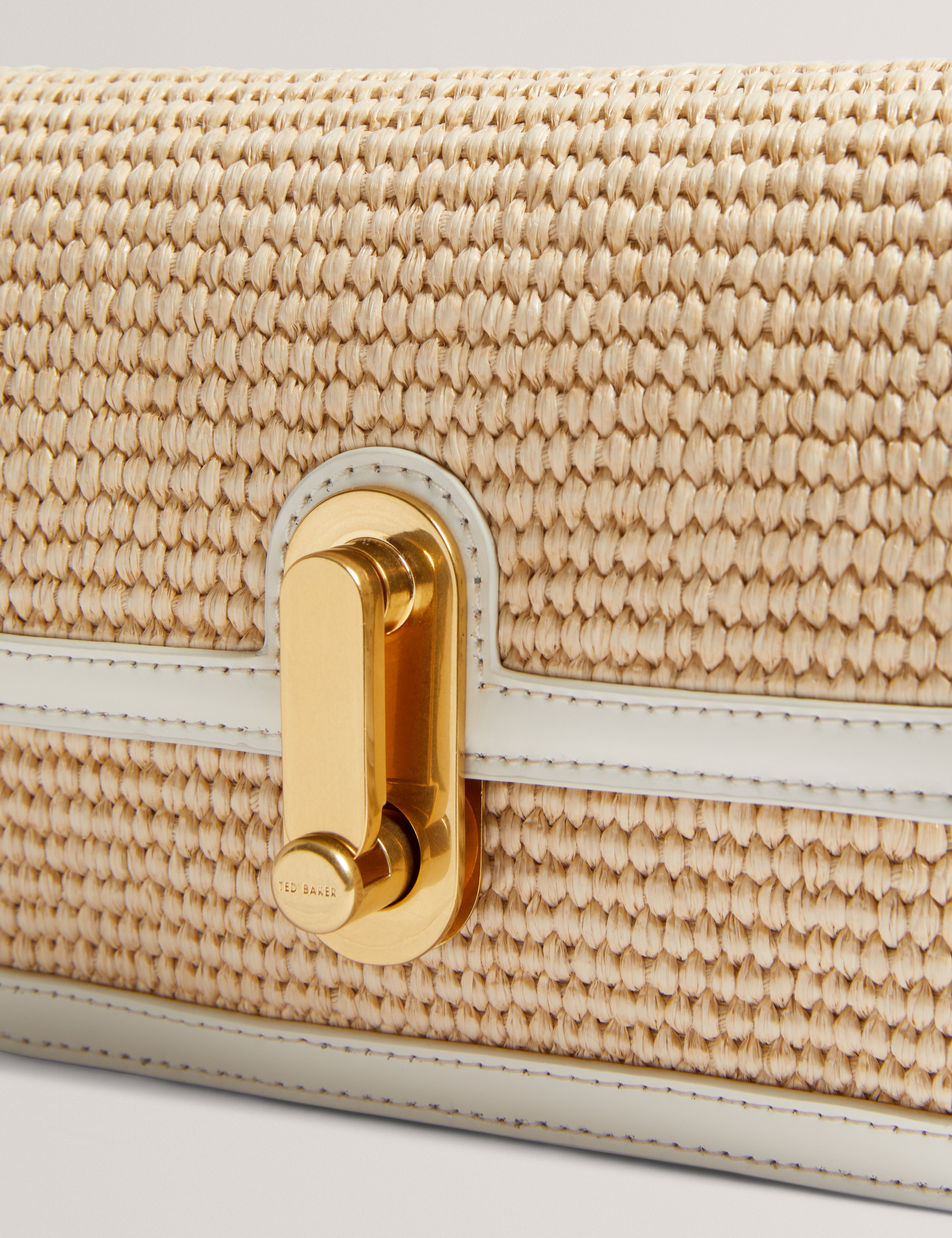 Kkassie Twist Lock Detail Small Raffia Crossbody Bag Ecru