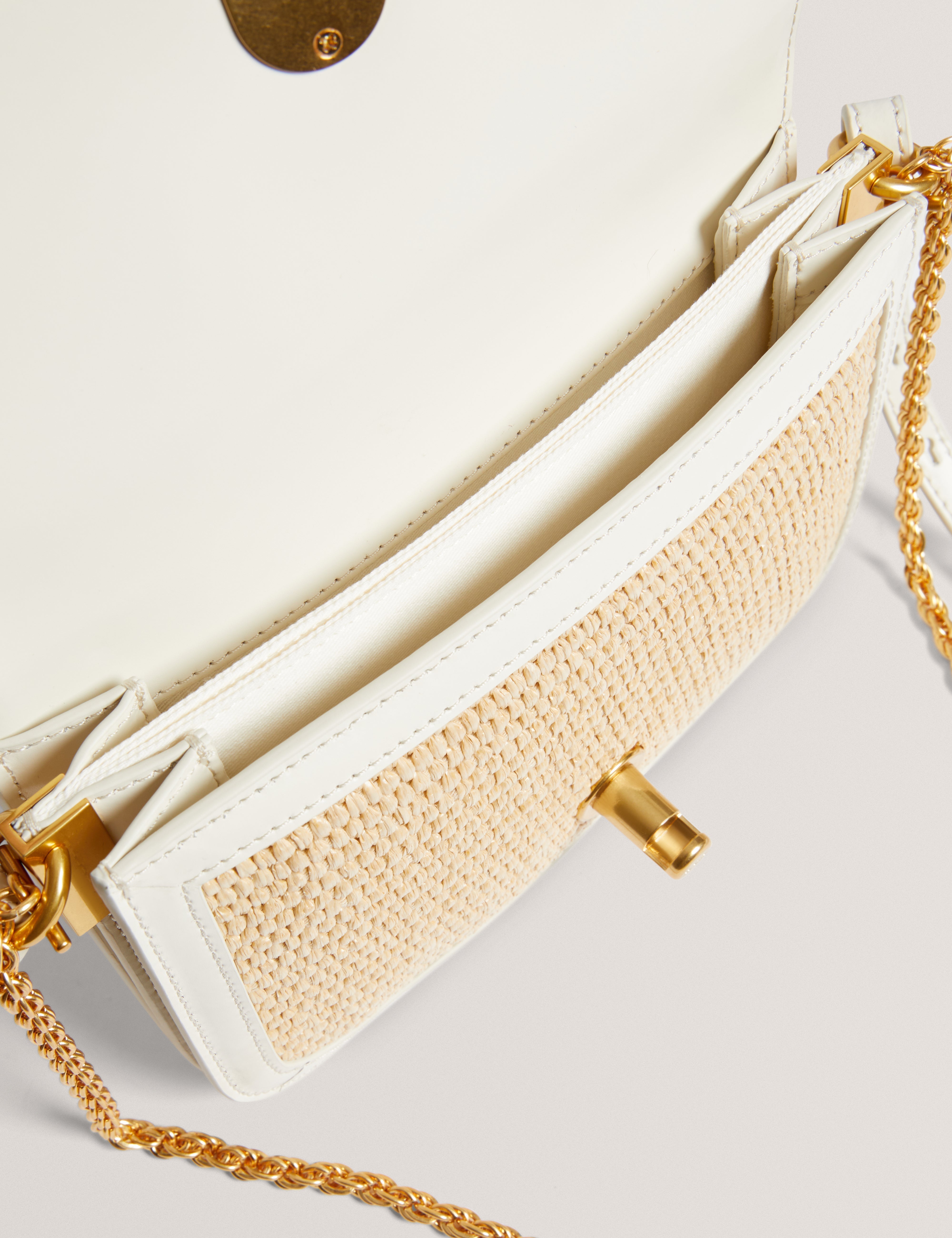 Kkassie Twist Lock Detail Small Raffia Crossbody Bag Ecru
