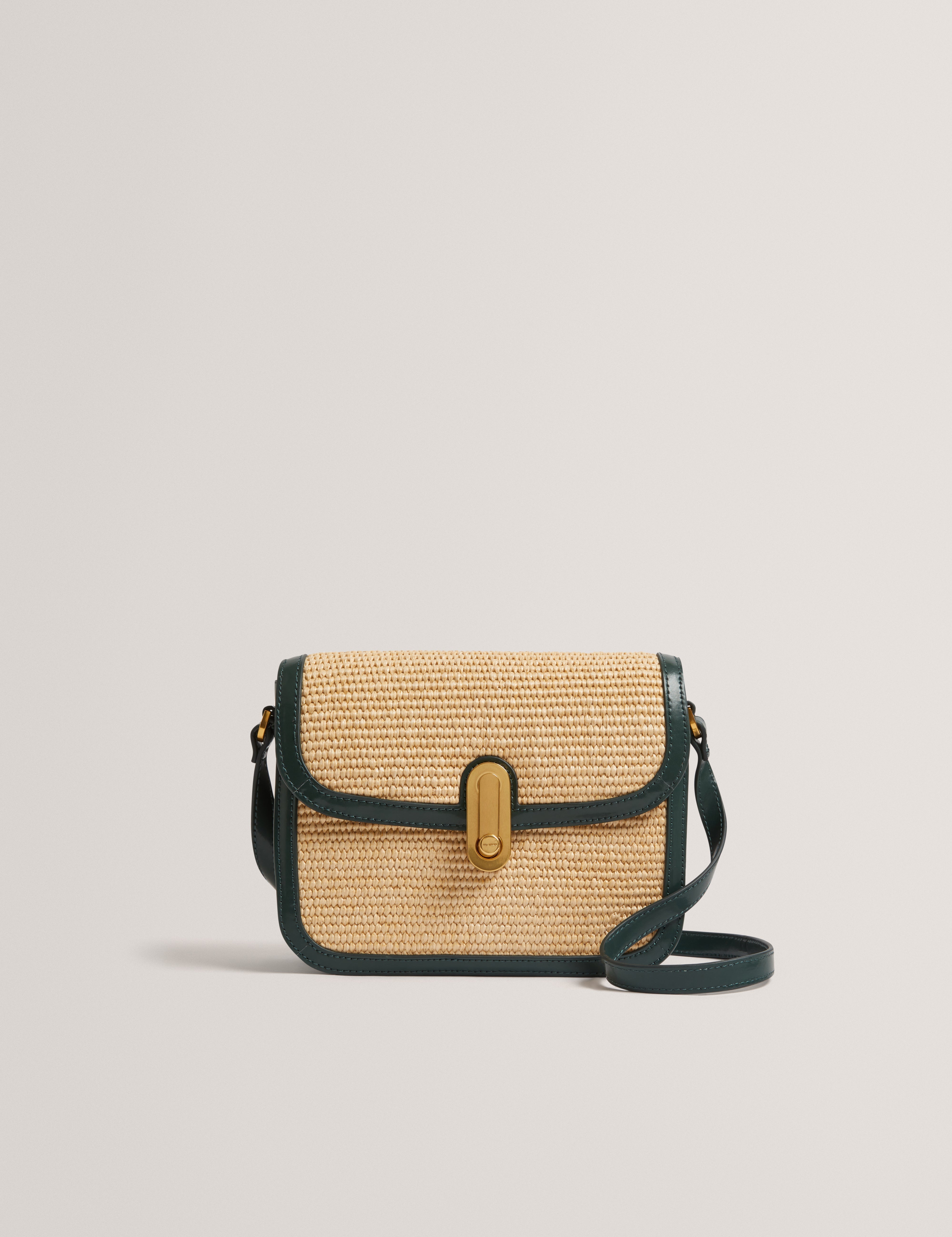 Kkassia Twist Lock Detail Large Raffia Crossbody Bag Mid-Green