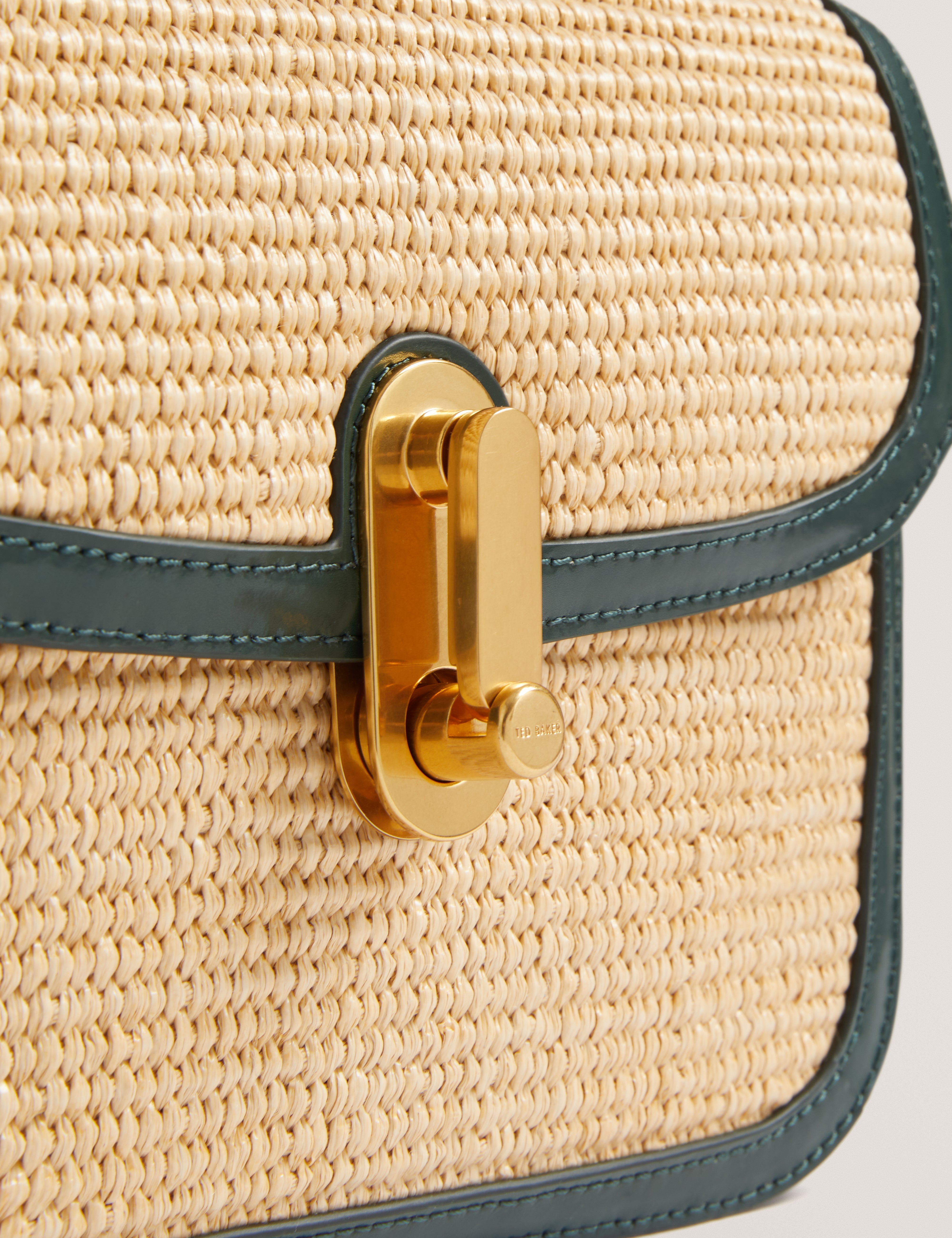 Kkassia Twist Lock Detail Large Raffia Crossbody Bag Mid-Green