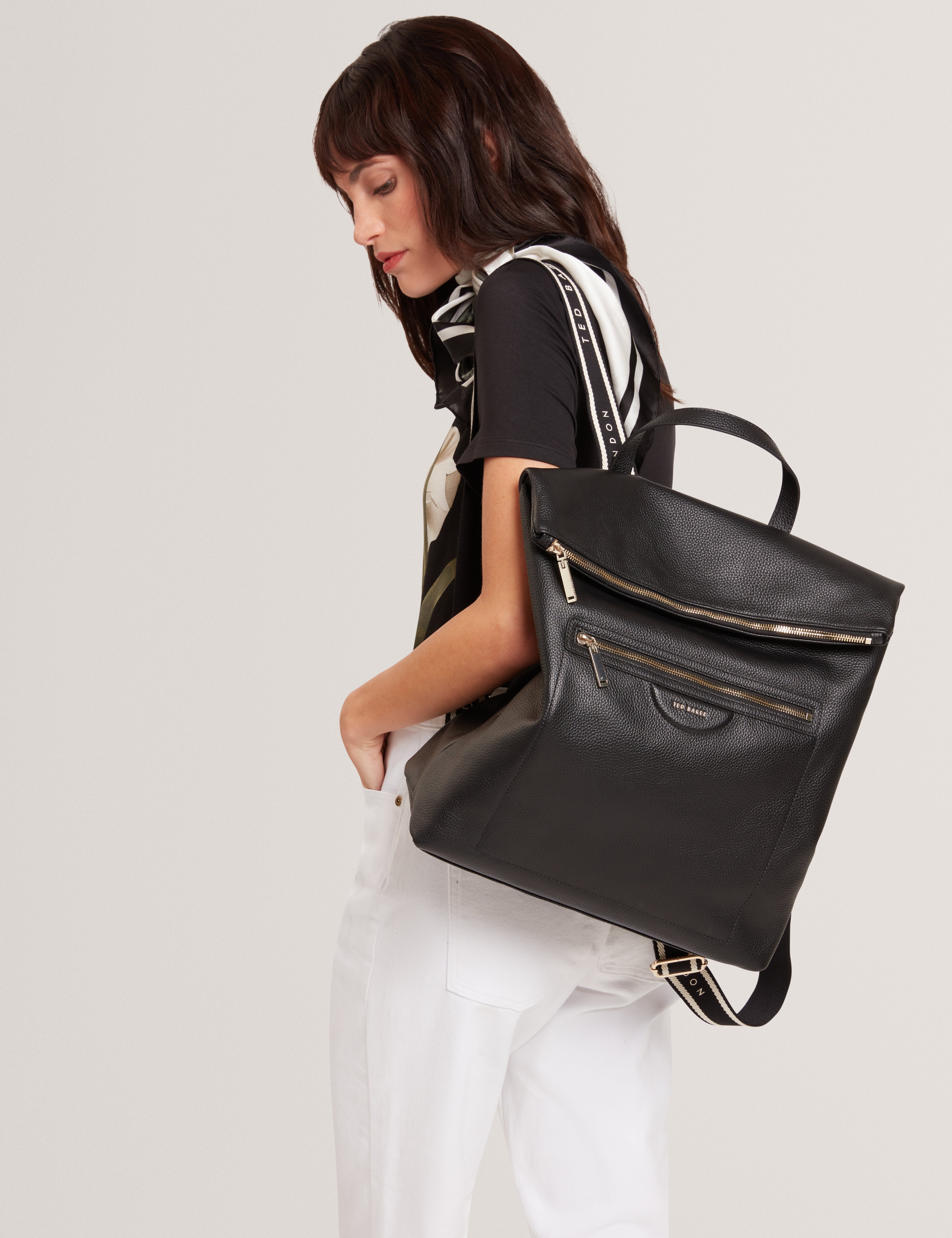 Essaya Pebbled Leather Fold Over Backpack Black