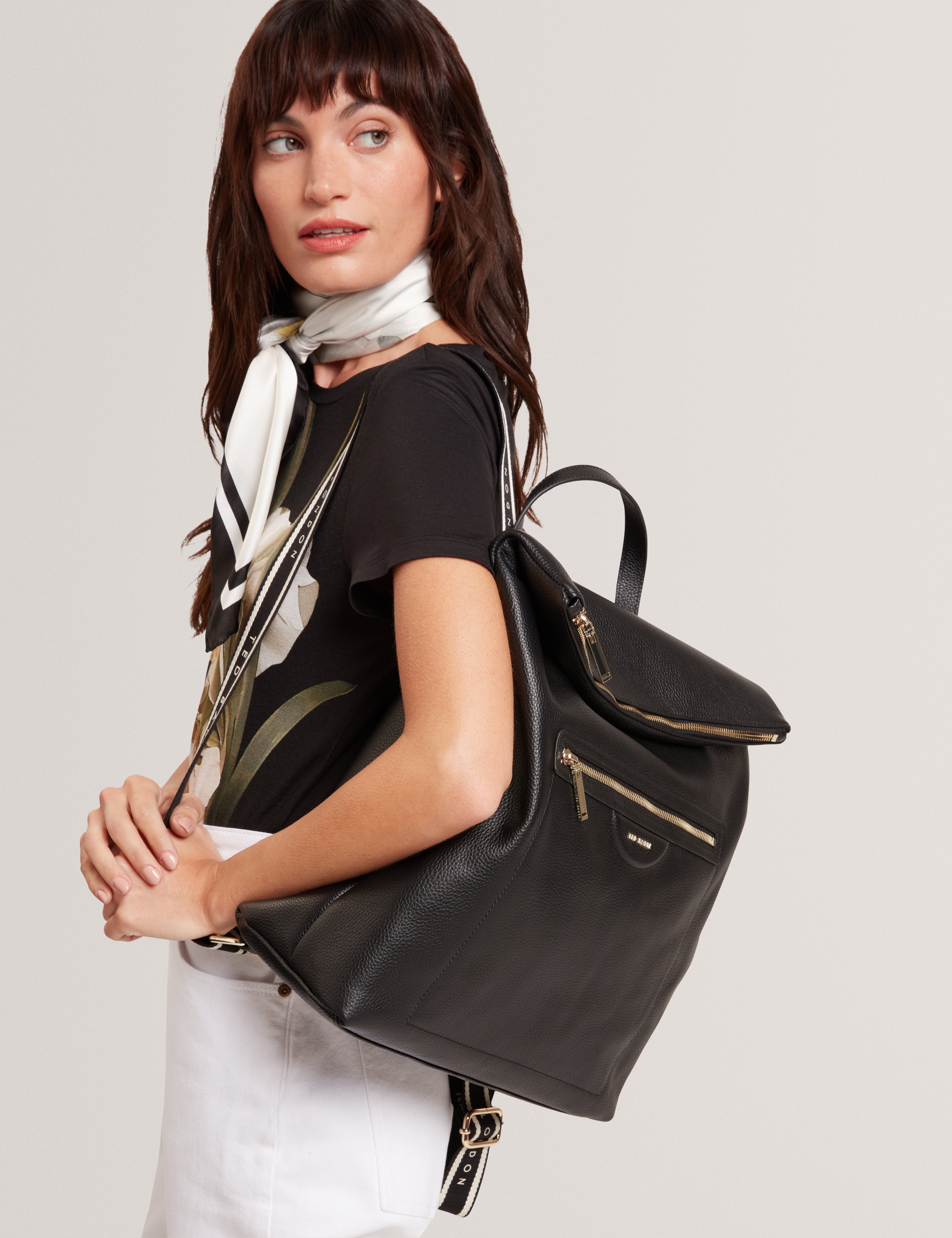 Essaya Pebbled Leather Fold Over Backpack Black