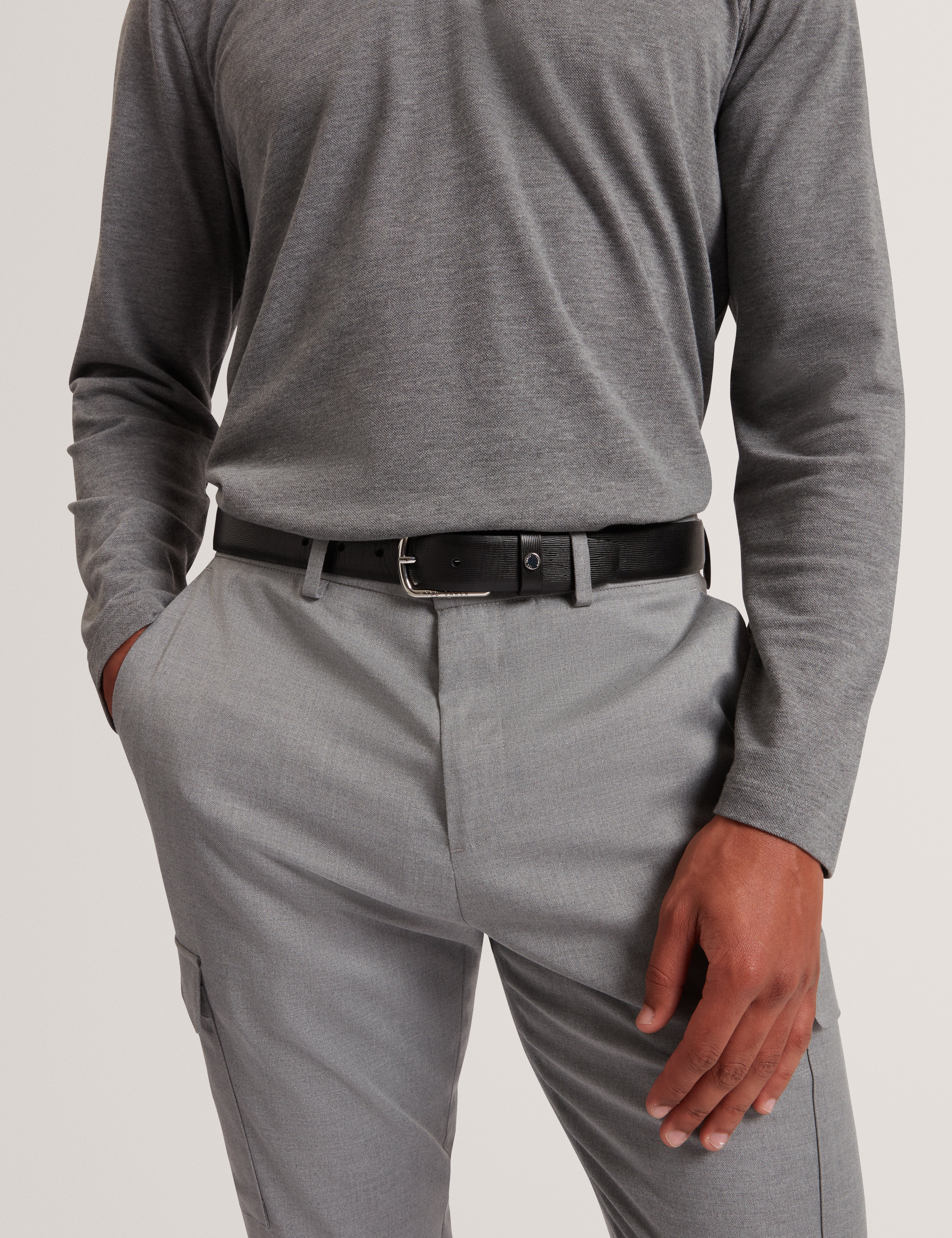 Baiden Bark Texture Leather Belt Black