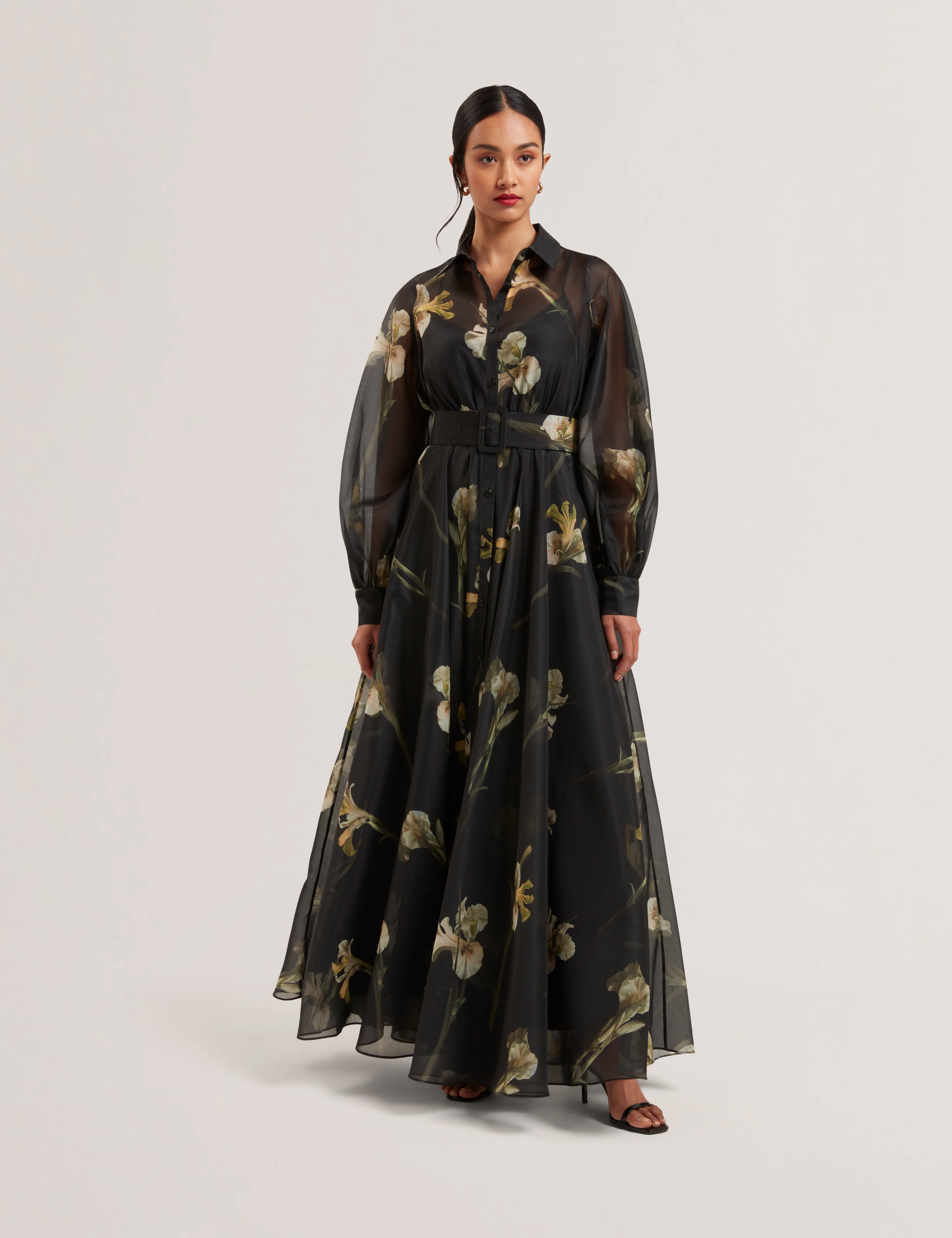 Liorral Printed Organza Belted Maxi Dress Black