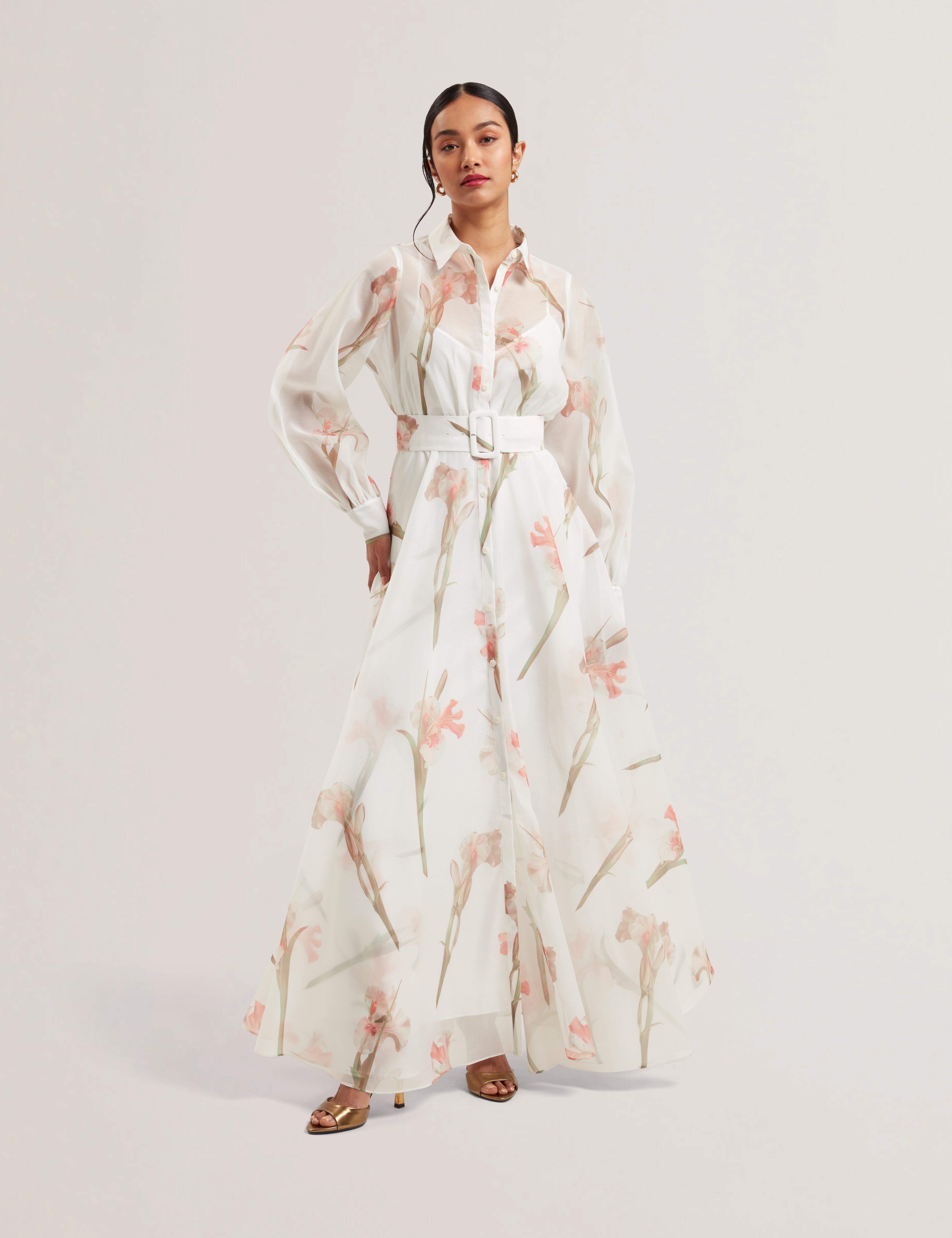 Liorral Printed Organza Belted Maxi Dress Ivory