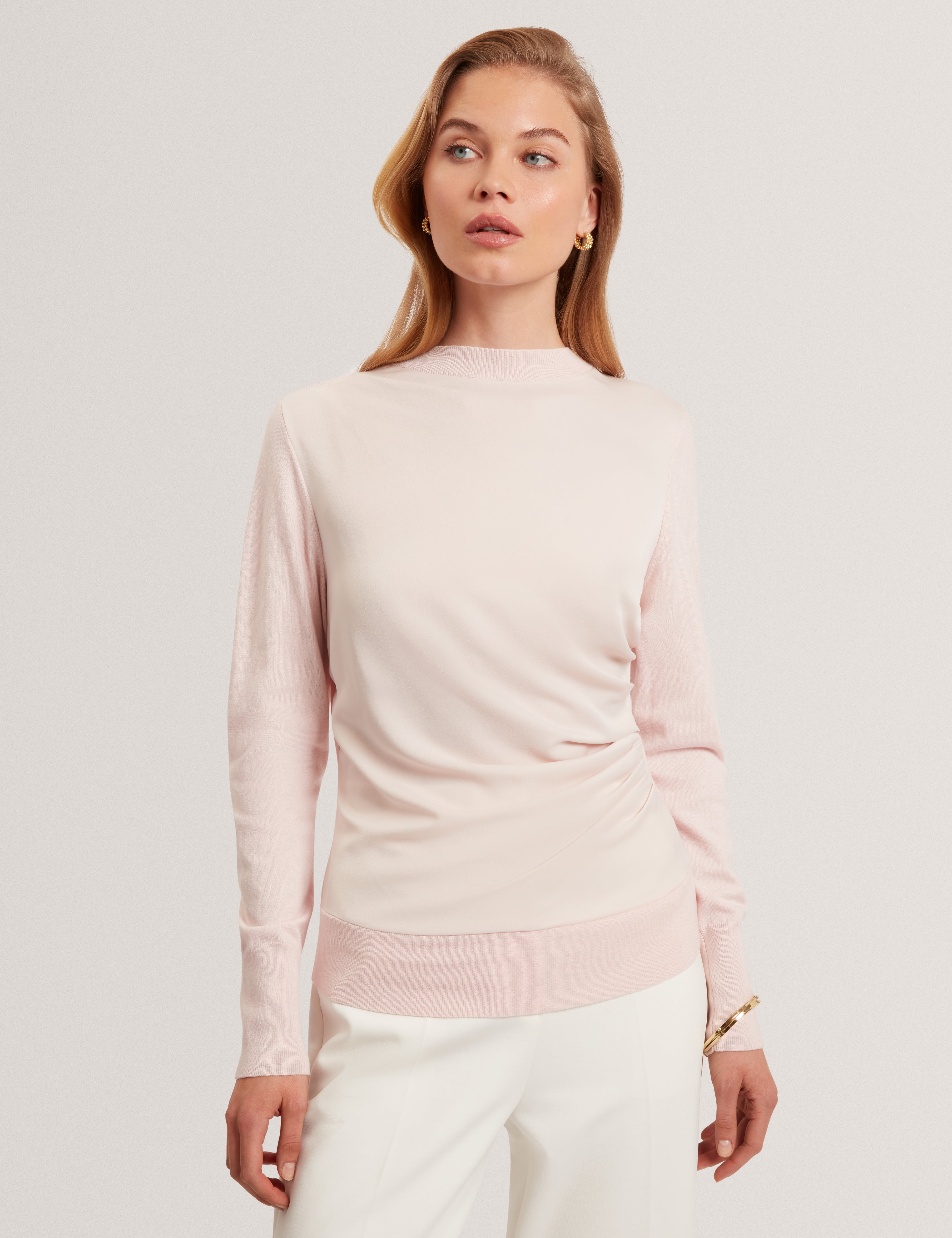 Leslay Draped Front Knitted Long Sleeve Top Pl-Pink